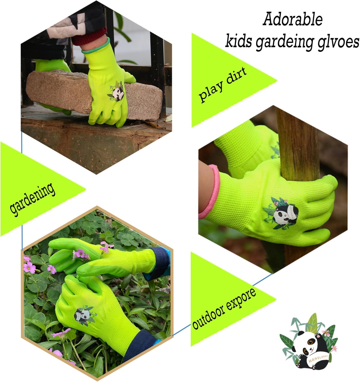 HANDLANDY 2 Pairs Kids Gardening Gloves, Toddler Children Garden Yard Work Outdoor Playing Gloves, Rubber Coating, for Girls Boys Youth (Size L, Green)