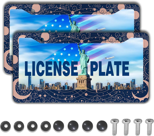 License Plate Frames for Women Blue License Plate Holder for Men Moon Sun Universal Aluminum Car Accessory 2 Pack with Screw Covers Set