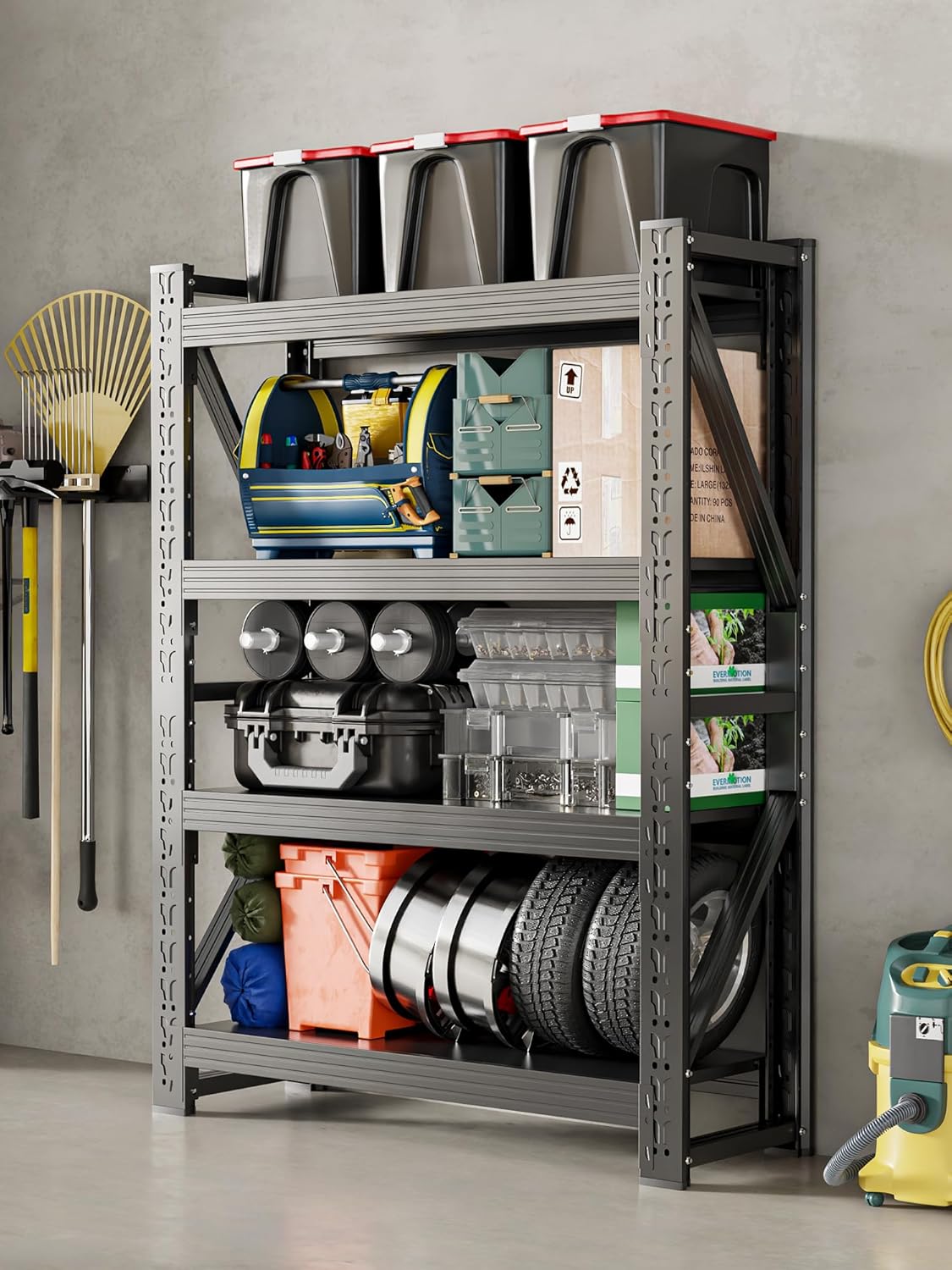 4-Tier Storage Shelves,63" H Heavy-Duty Garage Shelving Unit,Adjustable Industrial Metal Shelf System,3,000lbs Capacity,Tool Organizer for Garage,Workshop,32" W*20" D*63" H,Black