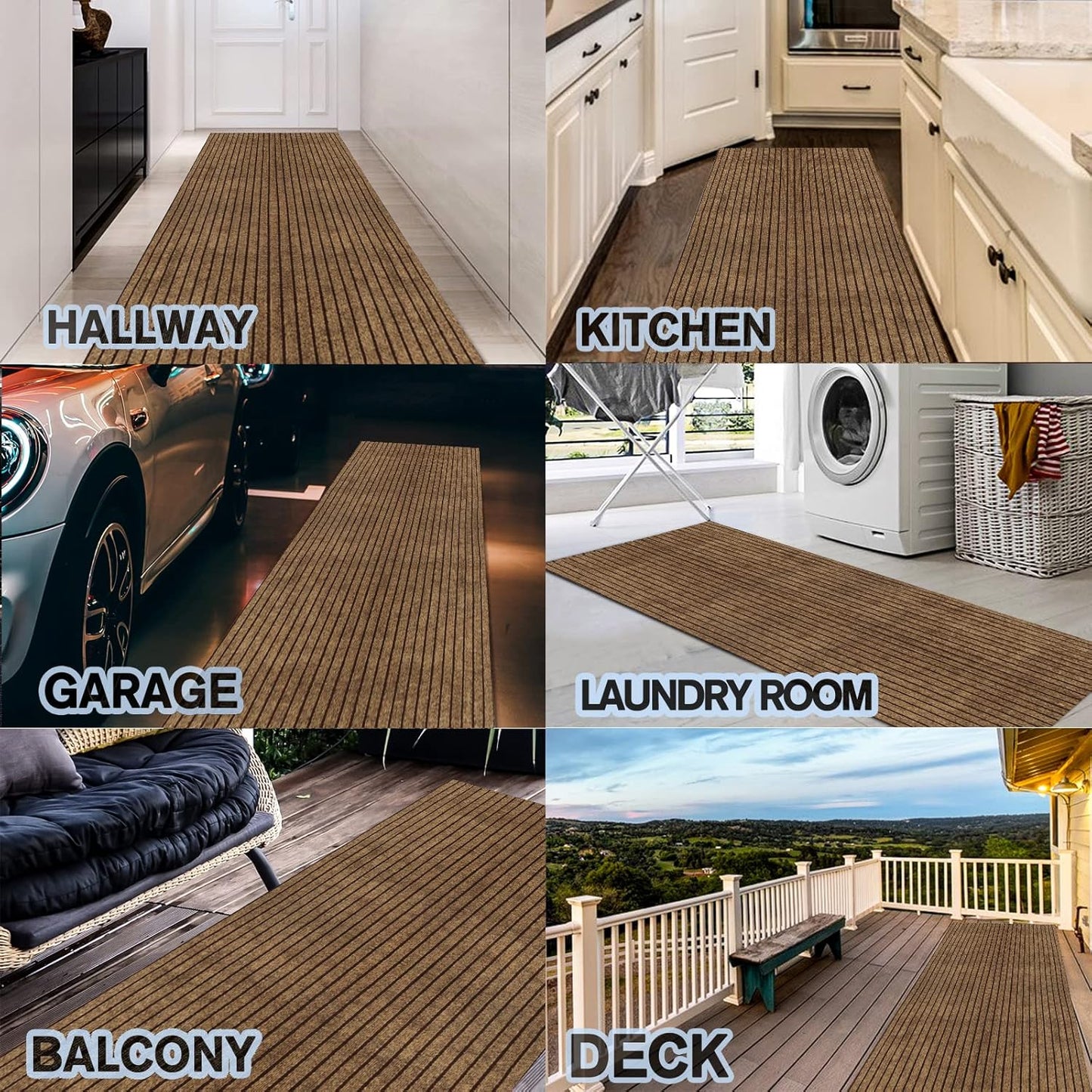 Custom Size Backed Non-Slip Area Rugs Runner, Easy Clean, Waterproof Runner Rugs for Hallway Entryway, Kitchen, Laundry, 2FT x 45FT, Brown Stripe