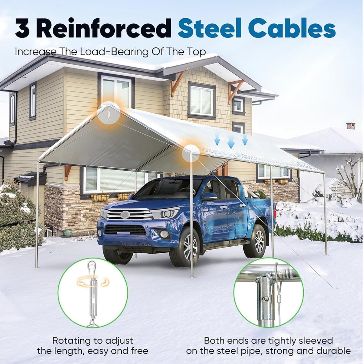 Quictent 10x20 ft Heavy Duty Car Canopy Galvanized Frame Carport Outdoor Party Tent Boat Shelter with 3 Reinforced Steel Cables - White