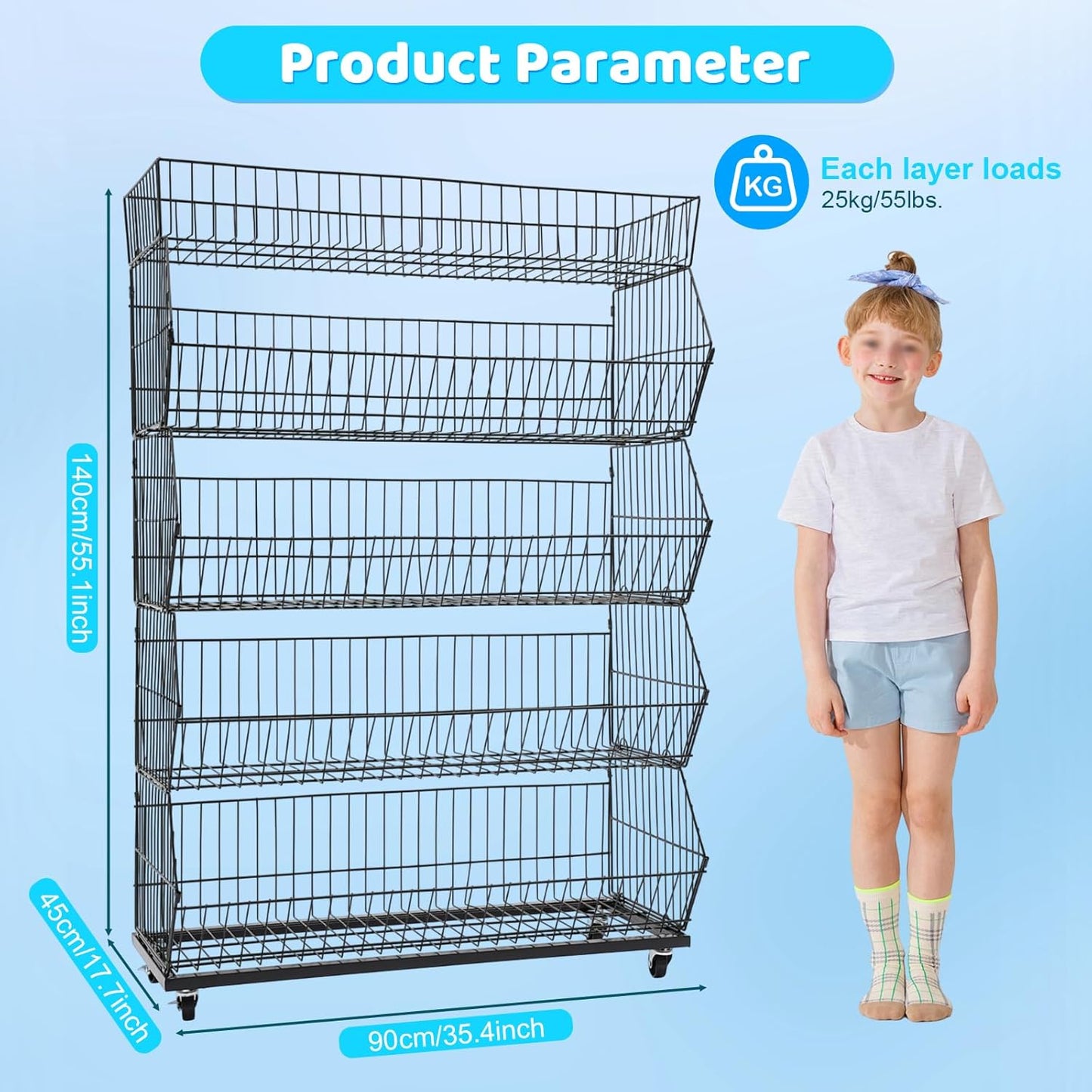 Retail Display Rack 5-Tier Market Merchandise Display Shelf Fruit Store Storage Shelf Vegetable Snack Basket Retail Store Supplies with Wheels for Home Store Market (18" D X 35" W X 55" H)