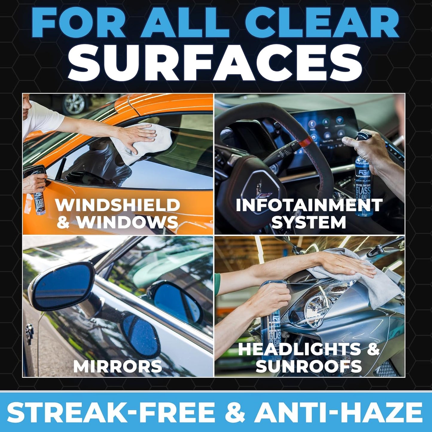 Window and Glass Cleaner Streak Free for Cars - Ammonia Free, Tinted Window Safe, Auto Glass Cleaner for Windows, Mirrors, Navigation Screens; Car, Truck, SUV and Home Use