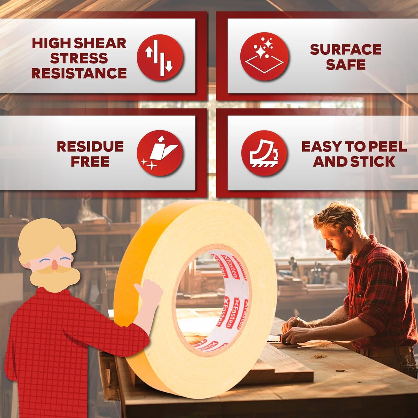 XFasten Double Sided Woodworking Tape 3 Inches x 90 Feet, Residue-Free and Removable Double Sided Wood Mounting Boards Tape for Wood Template, Metal, MDF Edge Banding, Routing, Anchoring