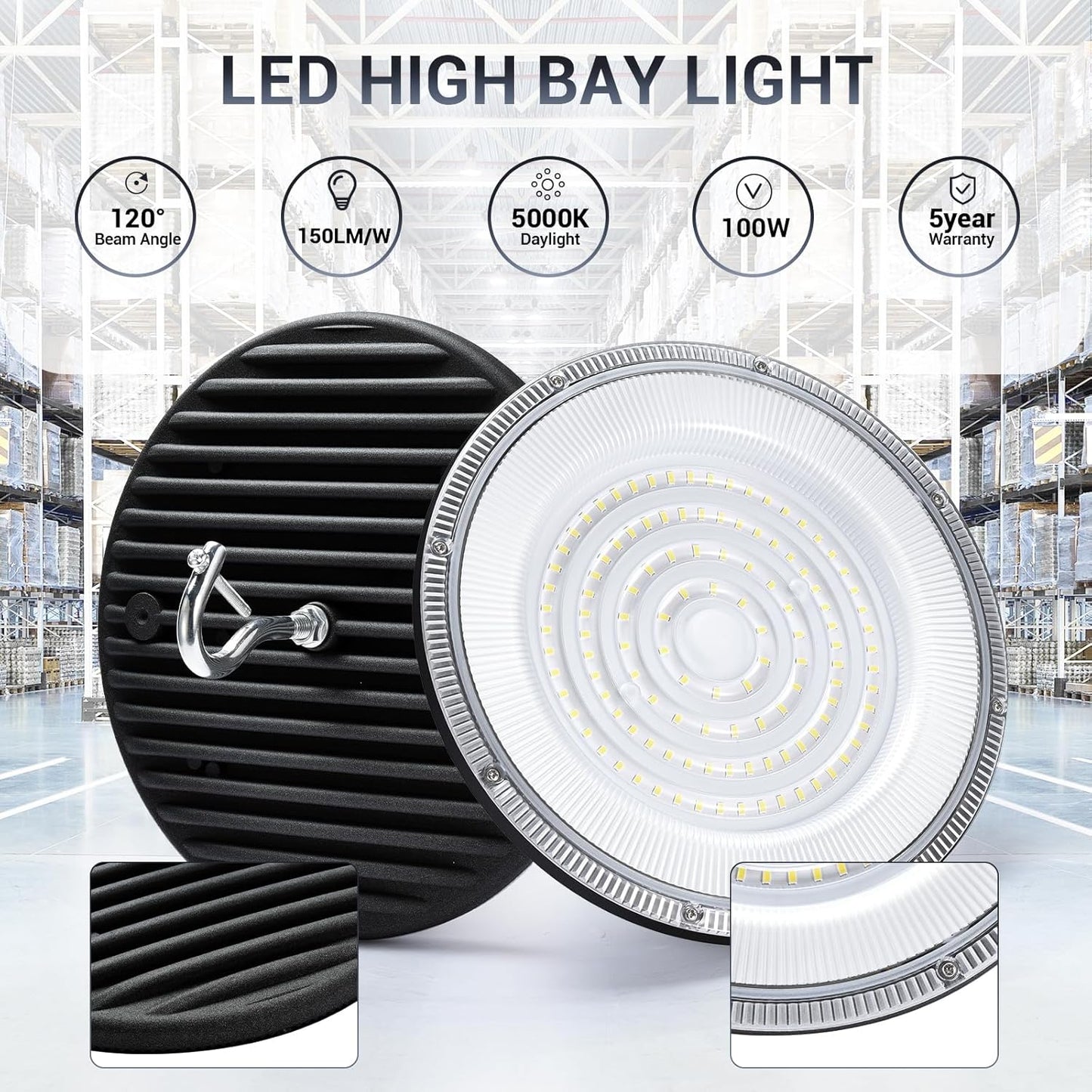 100W UFO Led High Bay Light(10 Pack),IP66 Waterproof,120VAC,15050LM 5000K Daylight Area Lighting,450W MH/HPS with Plug Commercial Bay Lighting for Warehouse/Shop/Workshop/Barn/Gym/Factory