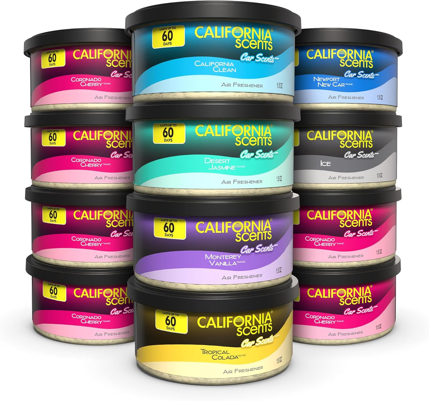 Can Air Freshener and Odor Neutralizer by California Scents, Set of 12 Spillproof Cans for Home and Car, Assorted Scents, 1.5 Oz Each (Packaging May Vary)