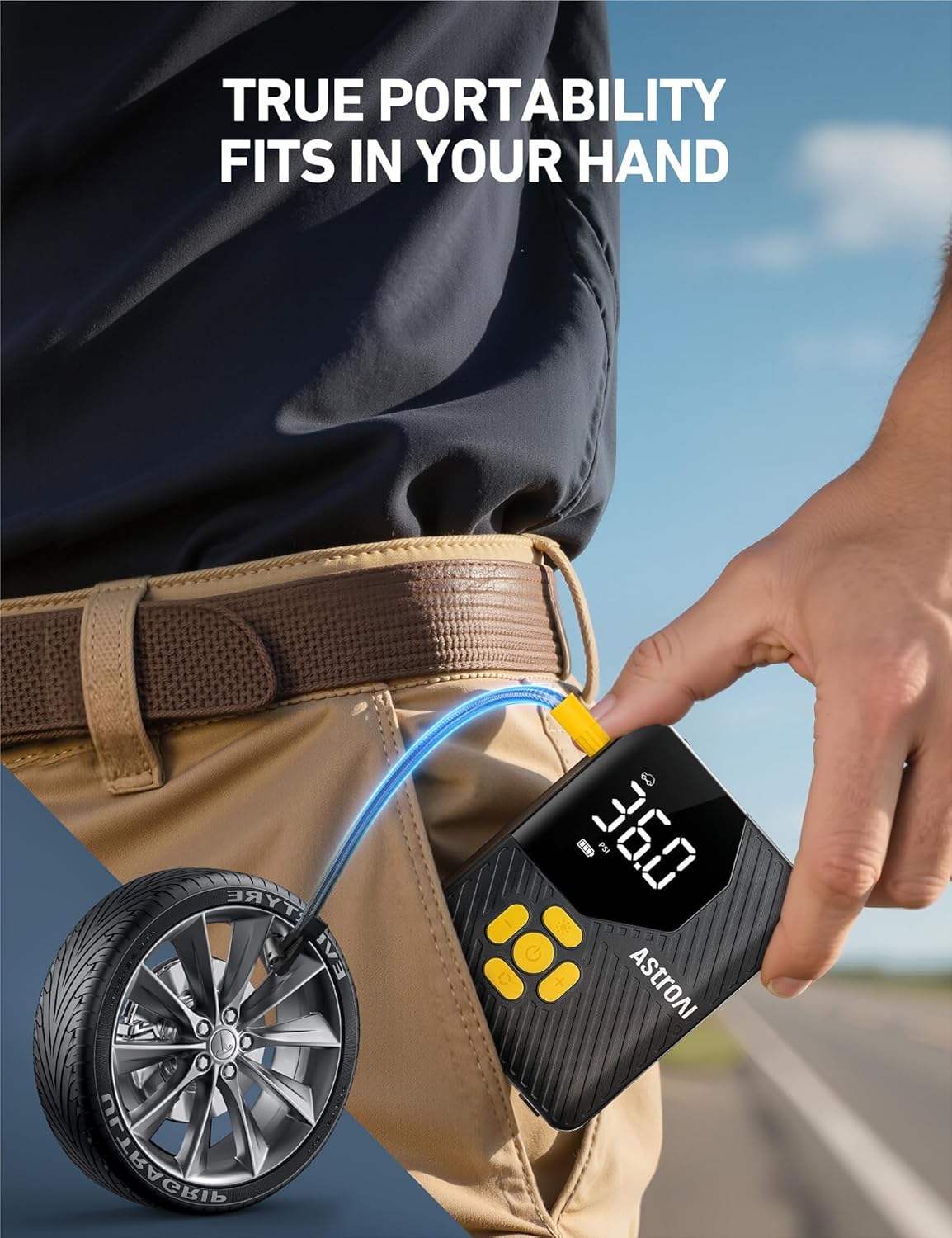 AstroAI L7 Mini Tire Inflator Portable Air Compressor,150 PSI Cordless Car Tires Air Pump with LED Lights&Pressure Gauge,Auto Shut-Off - Tire Pump for Auto,Motorcycle, Bicycle, Ball Yellow