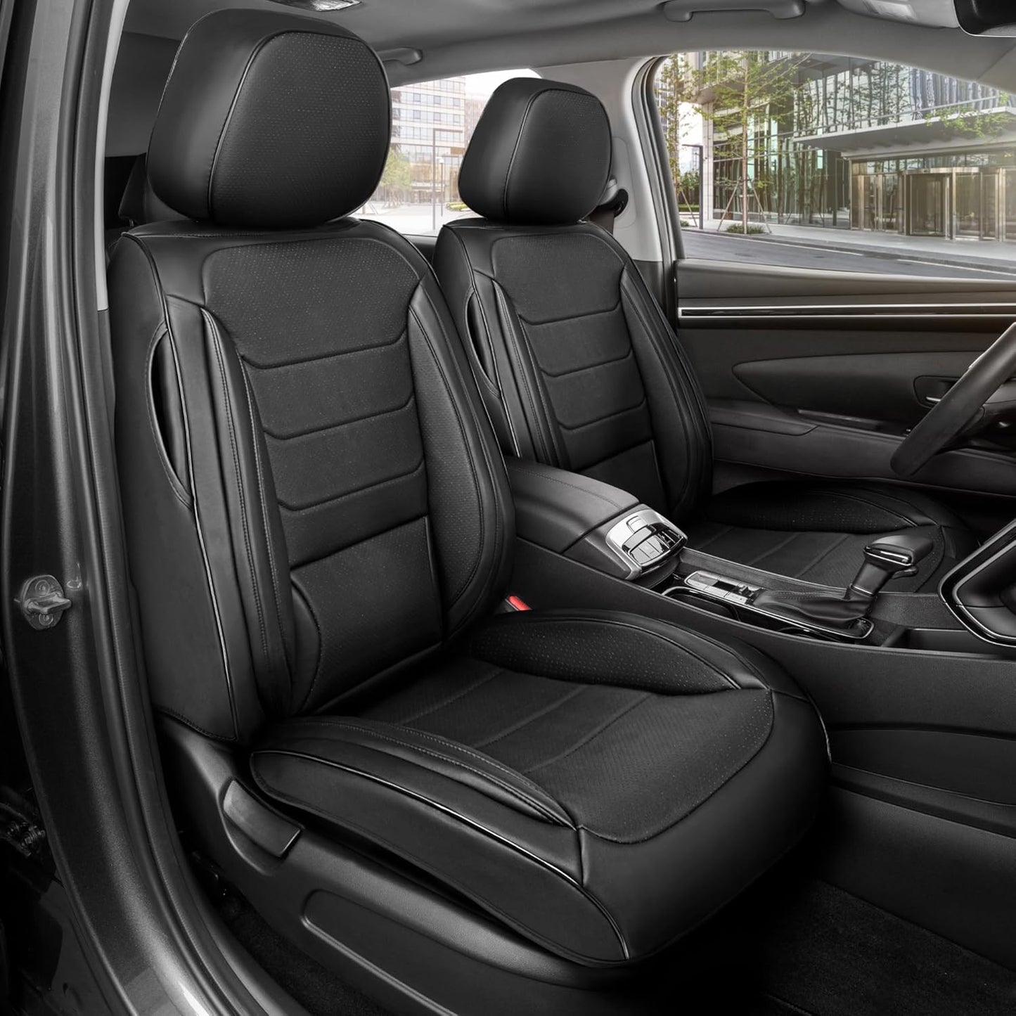 Elite Edition Faux Leather Seat Covers for Cars, Trucks, & SUV - 2 Black Car Seat Covers for Front Seats - Universal Fit Car Accessories Automotive Interior Cover Protector for Most Vehicles