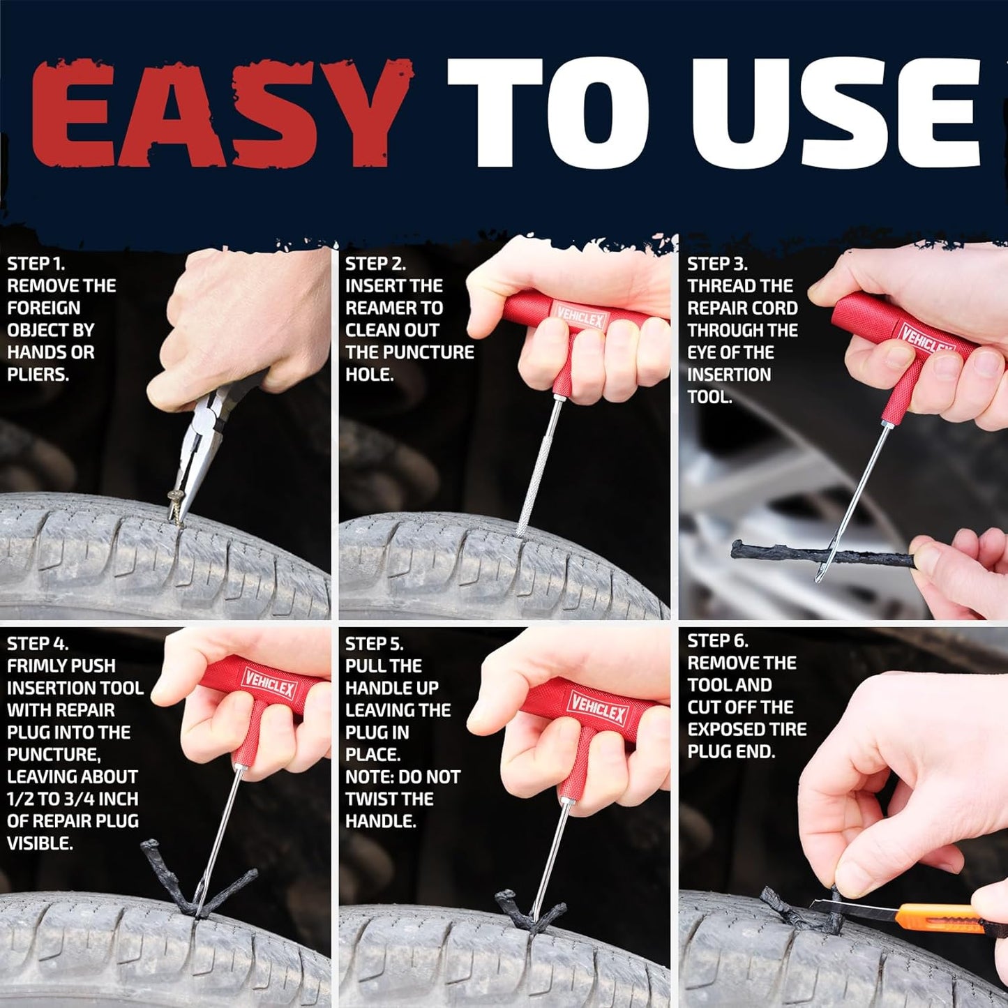 Vehiclex Tire Repair Kit for Plug and Patch with Aluminum Handled Tools - Emergency Kit in Zippered Bag for Car, Motorcycle, ATV, Tractor, Lawn Mower