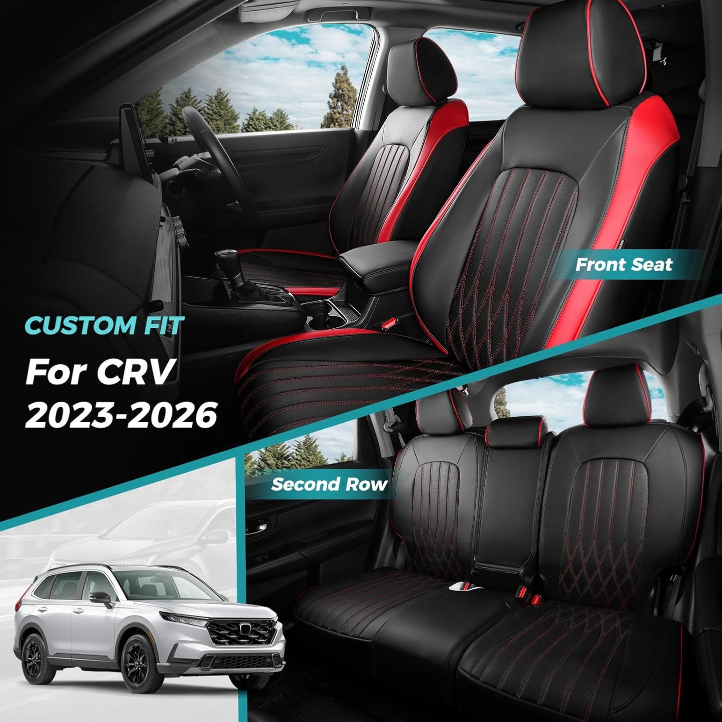Seat Covers for Honda CRV 2023 2024 2025 2026 EX/EXL/LX/Sport/Touring/Special Edition, Hybrid & Gas, 1:1 Custom Leather Seat Covers Full Set - BlackRed