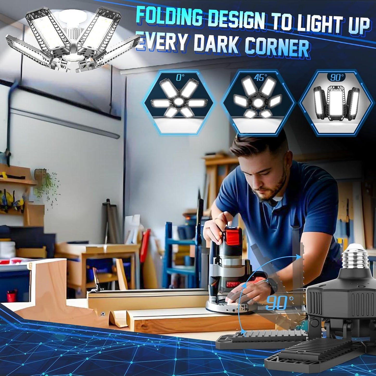 ISKYDRAW Garage Lights Bulb - 6 Pack 200W Garage Lights Ceiling LED 20000LM 6500K Led Shop Light with 6 Deformable Panels, Screw in E26 E27 Socket Basement Lighting for Workshop Barn Attic