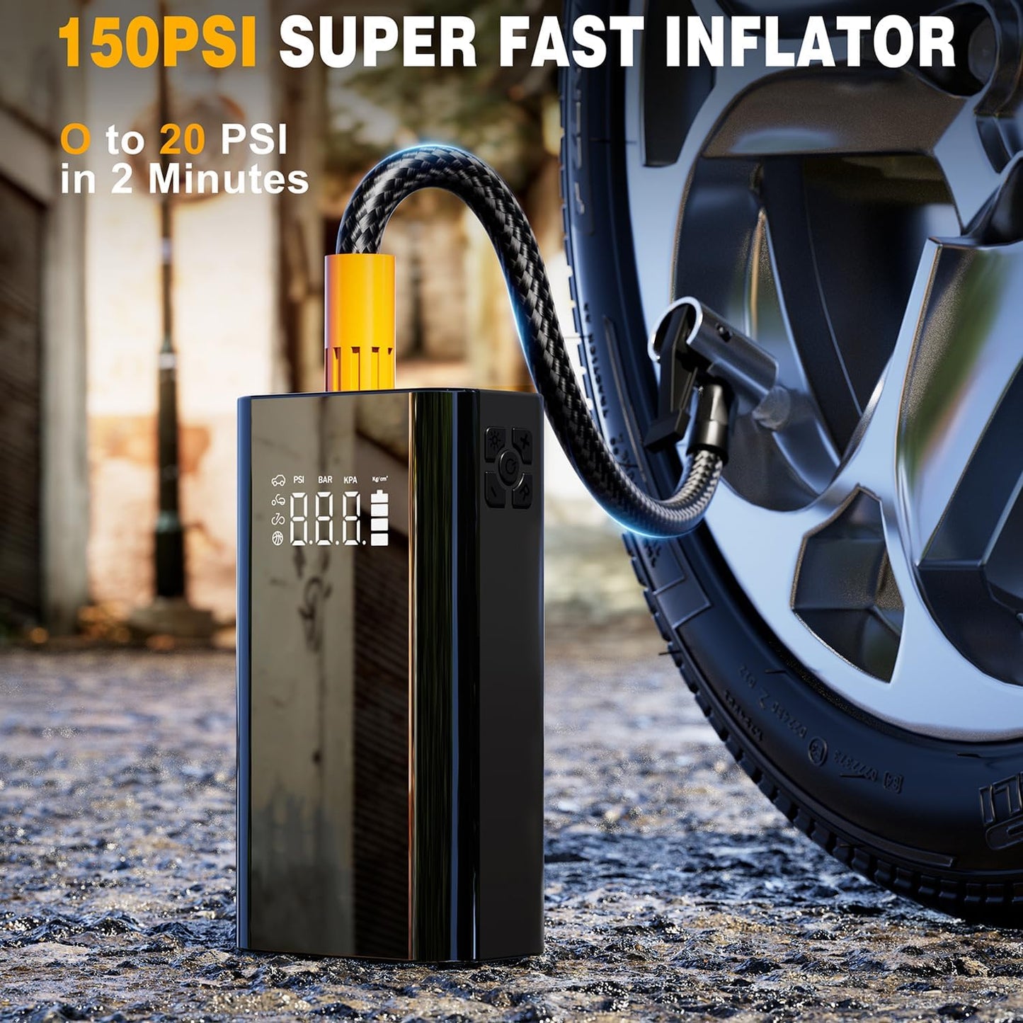 Jump Starter with Air Compressor, 5000A Portable Car Battery Jump Starter (9.0L Gas/7.0L Diesel), 150PSI Tire Inflator 12V Battery Jumper Starter Portable with Jumper Cables, LED Light (Q7-5000A)