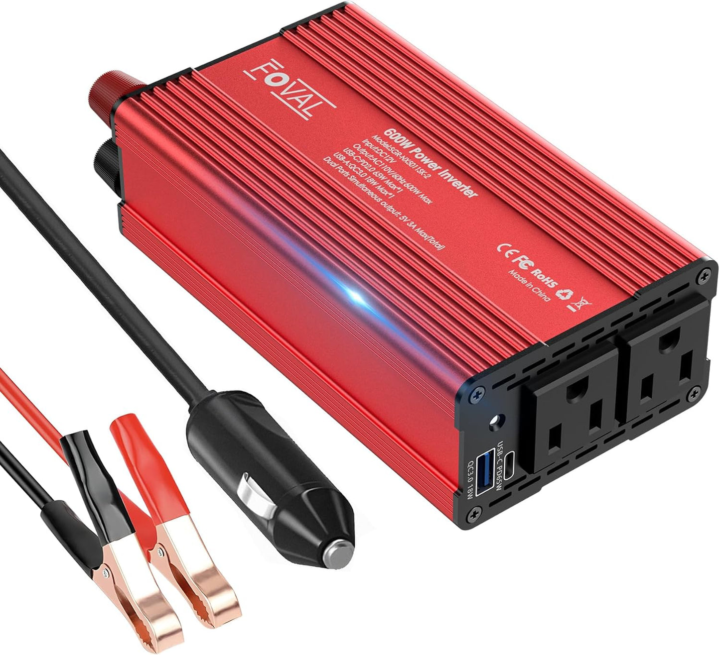 FOVAL 600W Power Inverter 12V DC to 110V AC Car Plug Adapter Outlet Converter with [65W PD USB-C] & [18W QC USB-A] Fast Charging Ports and 2 AC Outlets Car Power Inverter for Laptop Computer
