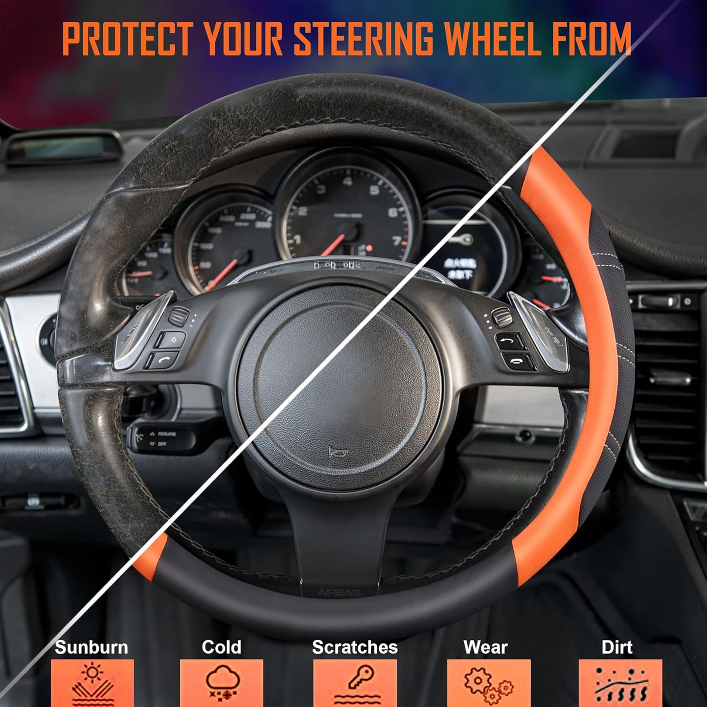 CAR PASS Line Rider Microfiber Leather Sporty Steering Wheel Cover Universal Fits for 95% Truck,SUV,Cars,14.5-15inch Anti-Slip Safety Comfortable Desgin (Black-Orange)