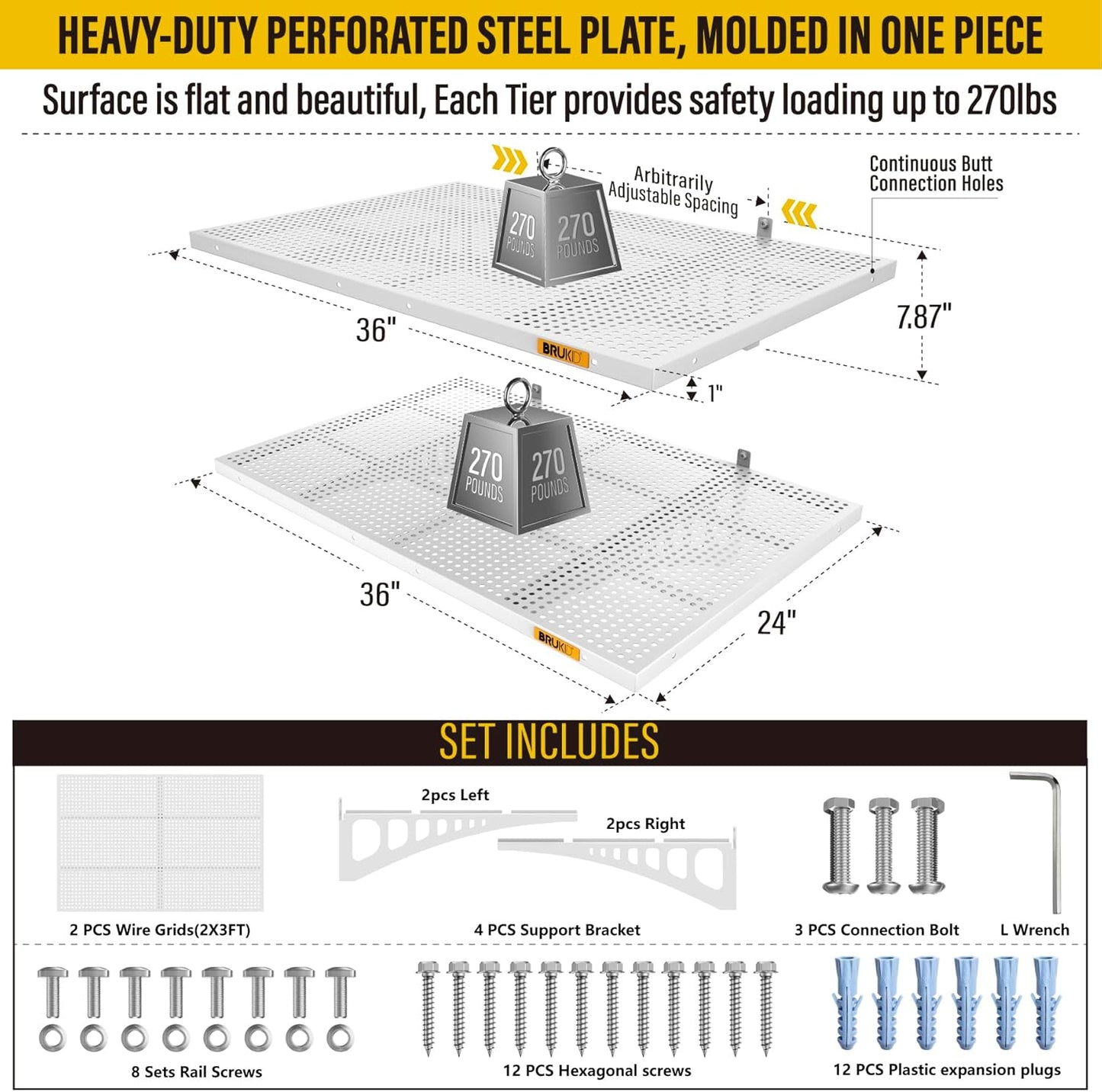 2Pack 2x3ft Adjustable Metal Garage Wall Shelving Heavy Duty Garage Storage Shelf Wall Mounted White