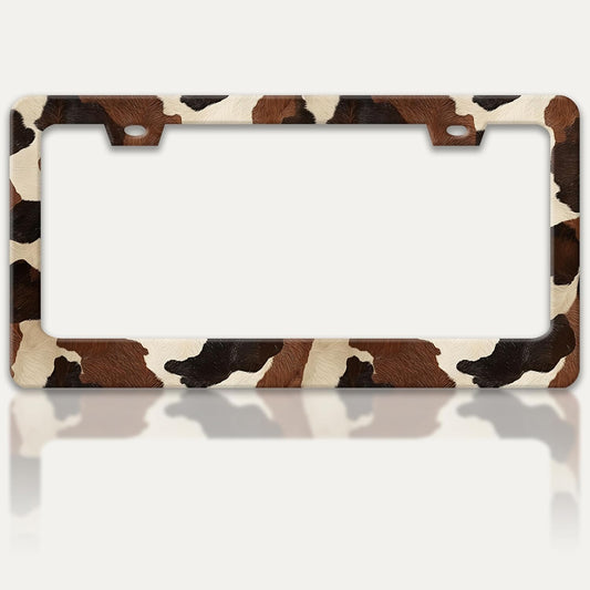 Cow Print Texture License Plate Frame Animal Skin Spots License Plate Holders Funny Stainless Steel Auto Accessory Bracket 2 Hole with Screws Universal Us Car License Plate Frames 6x12 Inch