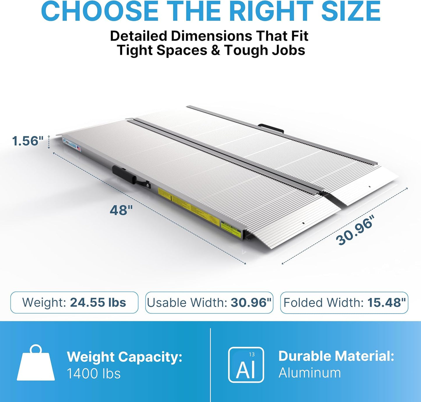 EZ-ACCESS Traverse 4 Foot Durable Aluminum Singlefold Edgeless Curbless Portable Folding Loading Ramp with Carrying Handles, Silver