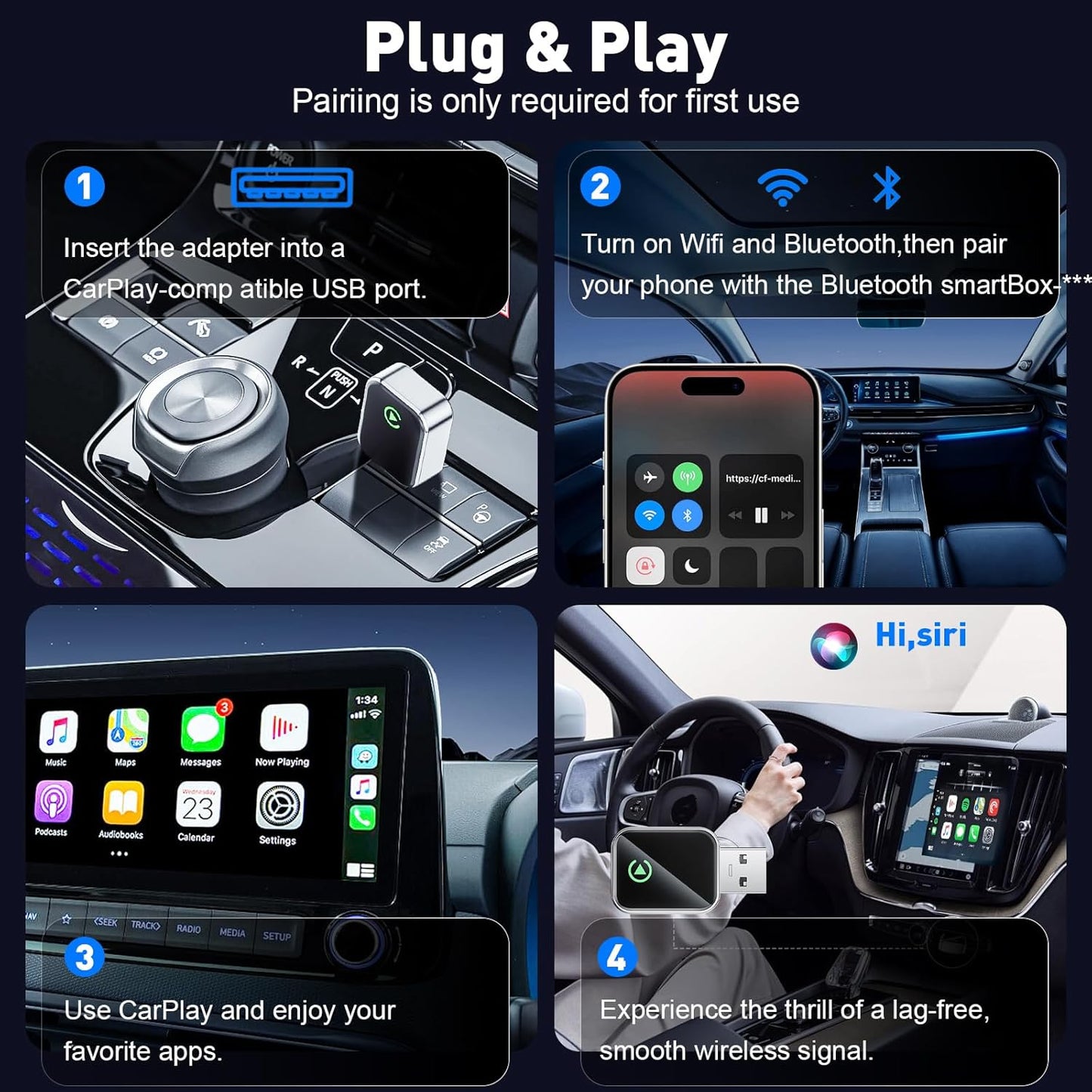 Wireless CarPlay Adapter for Apple iPhone, Fast Auto-Connect, No Latency, Plug and Play, Bluetooth 5.3 & WiFi 6, 2025 Mini Car Play Dongle for iPhone 6~16, Fit for 1000+ Cars, USB A/C