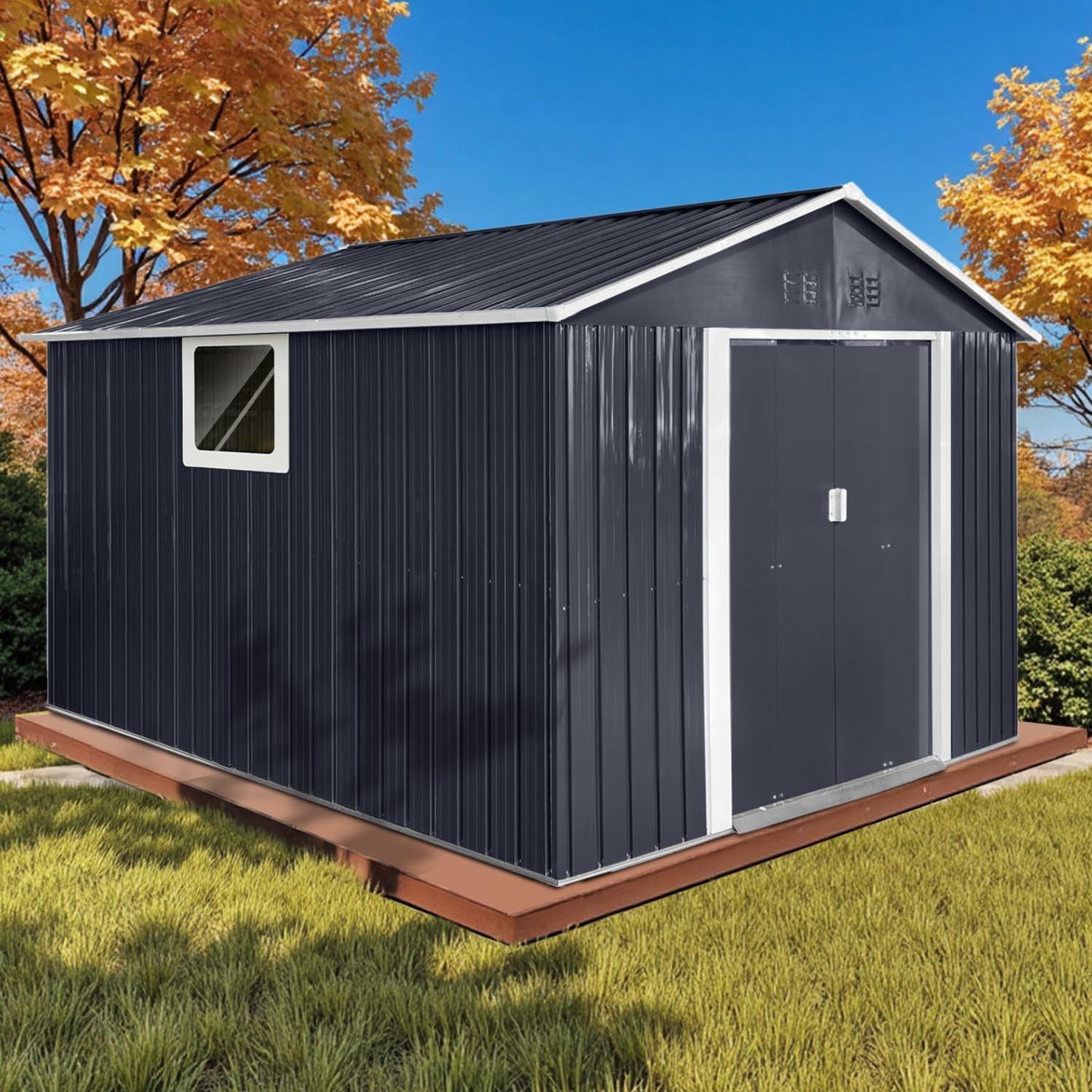 9.1' x 10.6' XL Outdoor Storage Shed, Sturdy Metal Building w/Windows & Lockable Doors for Garden, Backyard, Poolside and Lawn, Anthracite