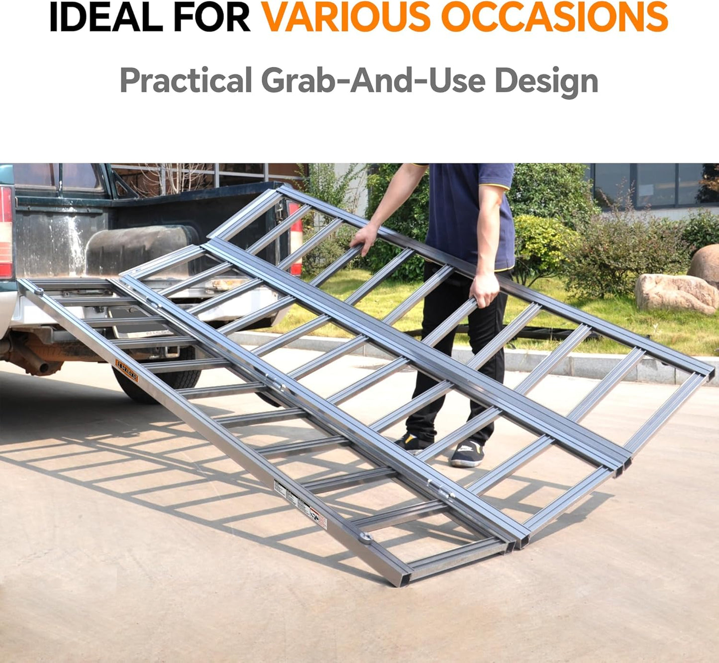 Rockland Tri-Fold Aluminum Loading Ramp, 84" x 54", 1500 LBS Loading Capacity, Portable Ramp for Motorcycles, Ebikes and ATVs, with 2 Safety Straps Included