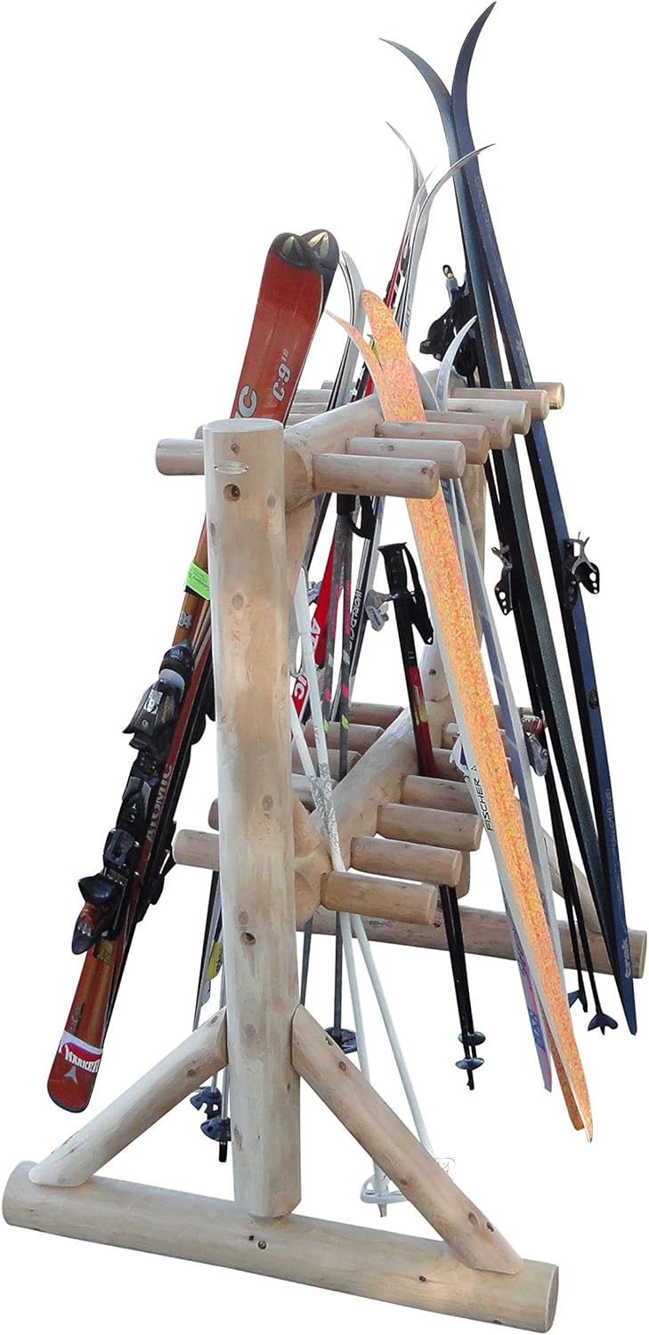 17-Pair Freestanding Skis + Snowboard Log Rack, Standing Shorter Ski Storage Racks, Snowboard Sports Organizer, Ski Poles Garage Sports Equipment Organizer, Rack for Snowboards - Natural