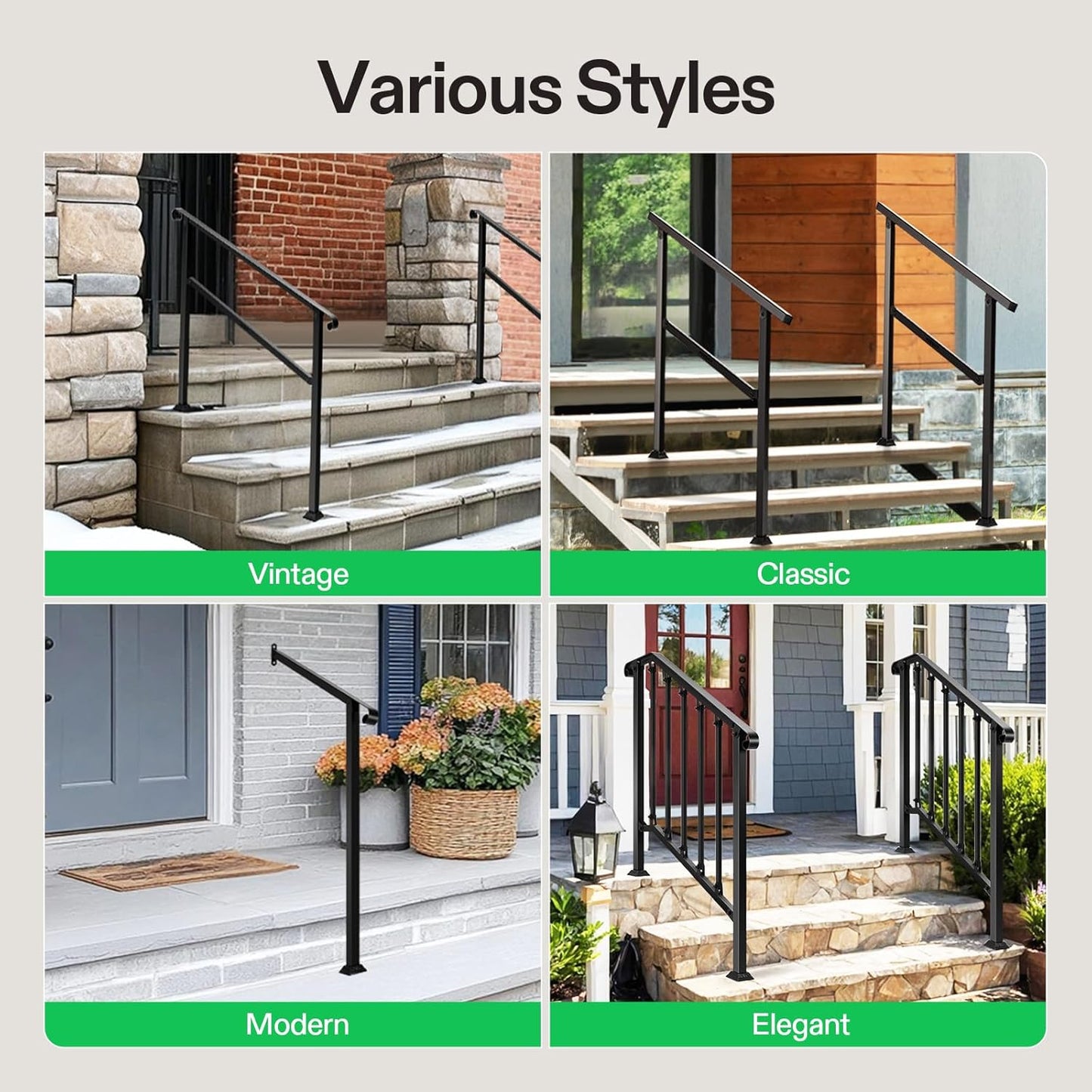 VIVOSUN Outdoor Handrail, 3 Step Stair Handrail, 40" x 36" Fits 1 to 3 Steps, Wrought Mattle Iron Handrail for Concrete Steps, Porch Steps, One-Step Assembly, Black
