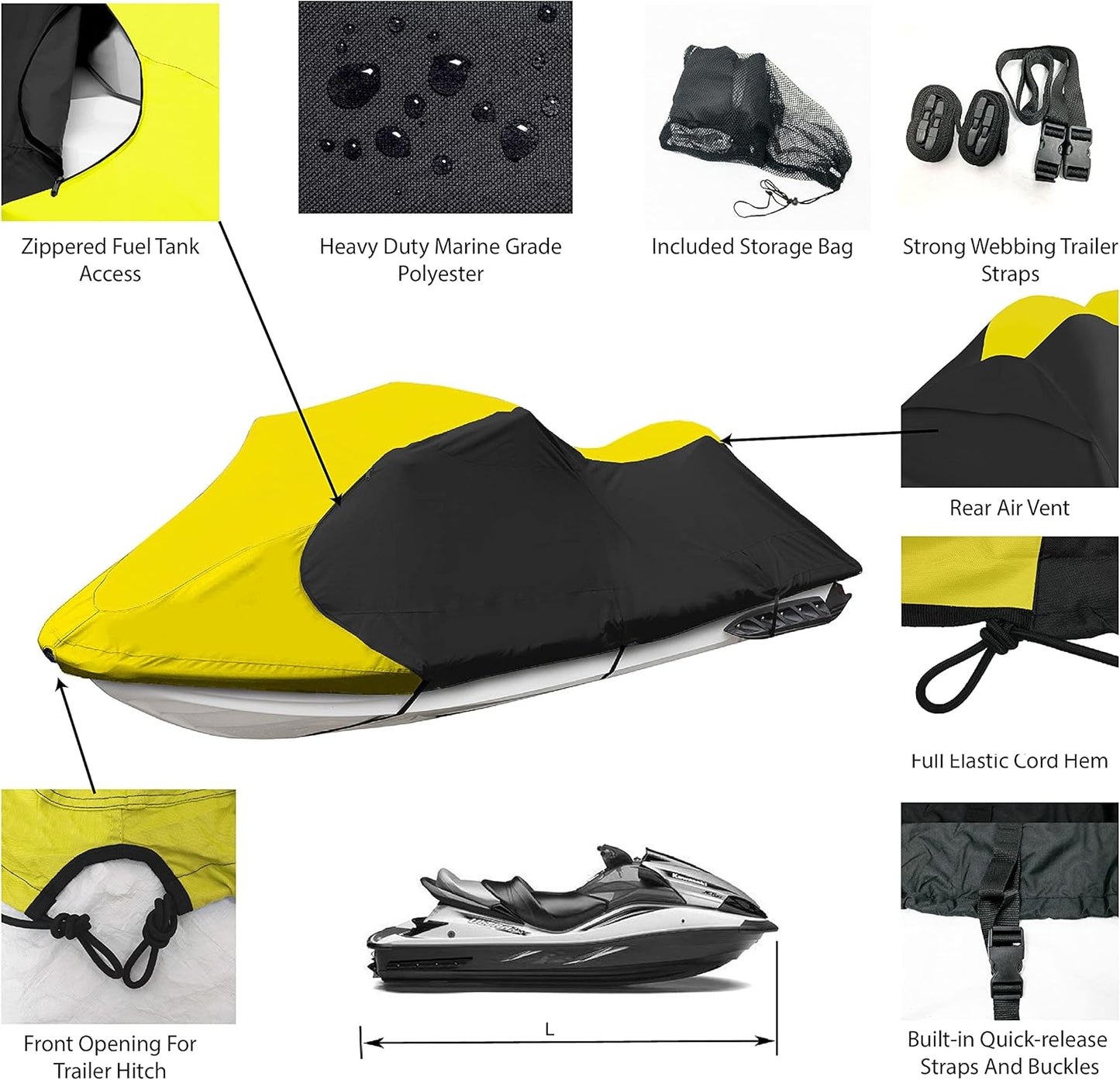 Trailerable Jet Ski Cover, Waterproof Marine Grade 600D Heavy Duty Polyester PWC Cover Yellow/Black Fits from 103"-115" 1 or 2 Seater
