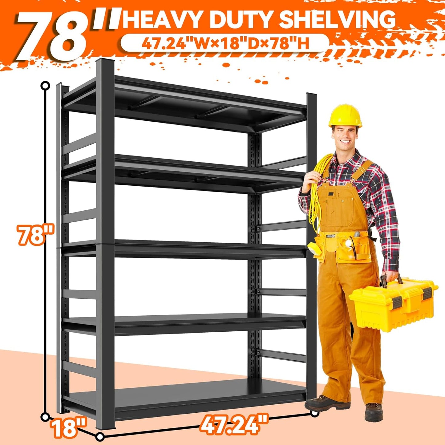 Metal Garage Shelving Unit, Heavy Duty Steel Storage Shelves, 3000 lbs Capacity, Adjustable 5-Tier Metal Shelf, Ideal for Garage, Warehouse, or Home Organization (with fence 47.24" W x 18" D x 78" H)