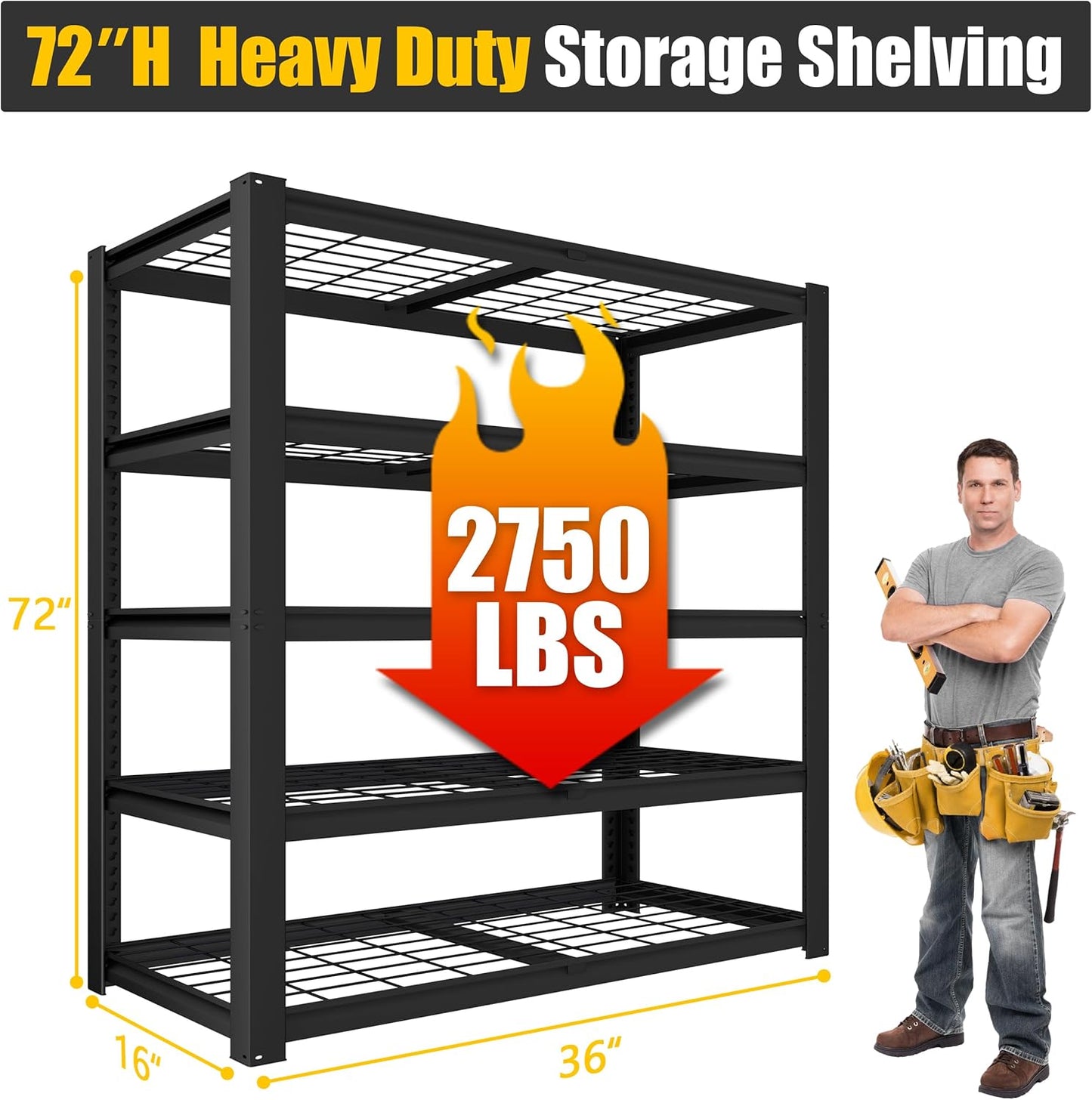 PrimeZone Heavy Duty Garage Shelving 5 Tier Heavy Duty Storage Shelves Adjustable Industrial Metal Wire Shelf Unit for Garage,Basement,Pantry,Warehouse,Commercial,36" W X 16" D X 72" H 4Pack