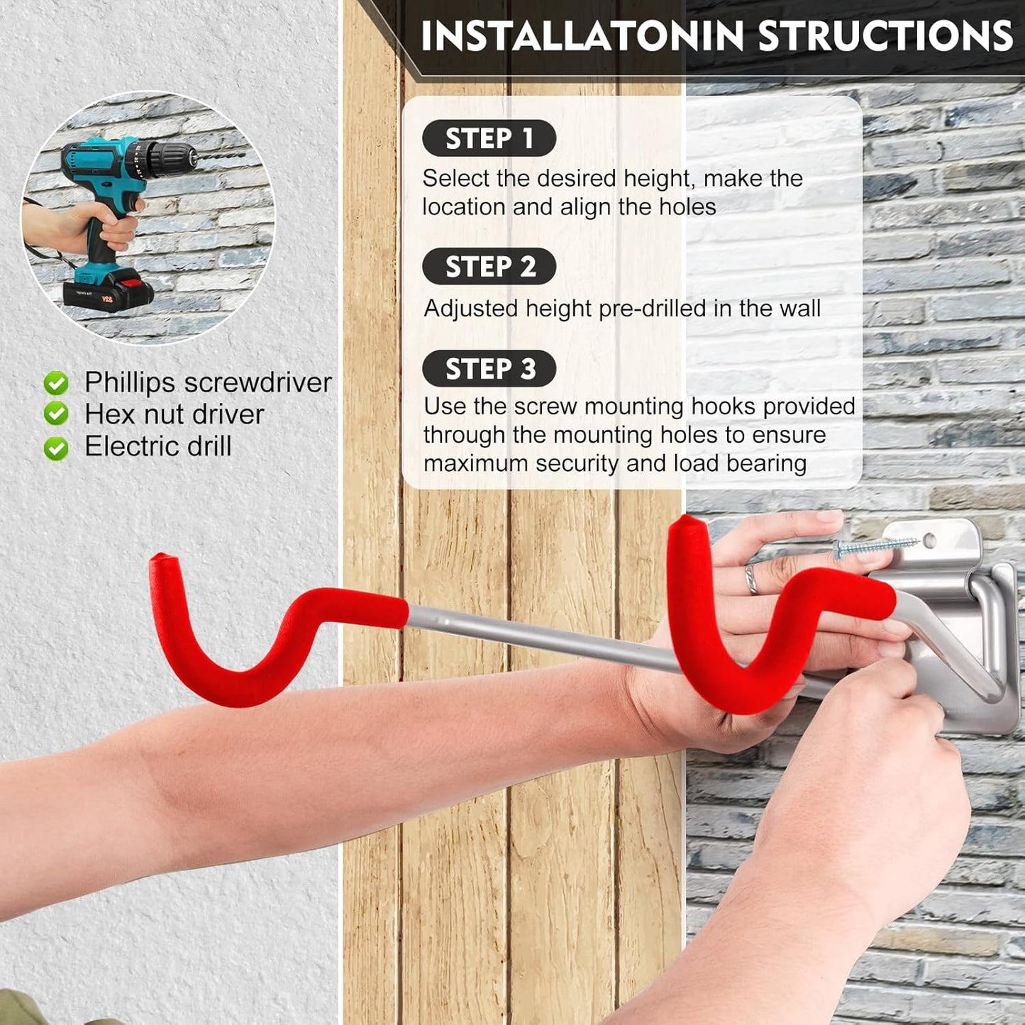 Bike Wall Mount Hangers，EVA Foam Padded Bicycle Hooks-Flip-Up Garage Bicycle Rack for Mountain, Road, and Kids Bikes Rack Holders 2 Pack Silver, Red