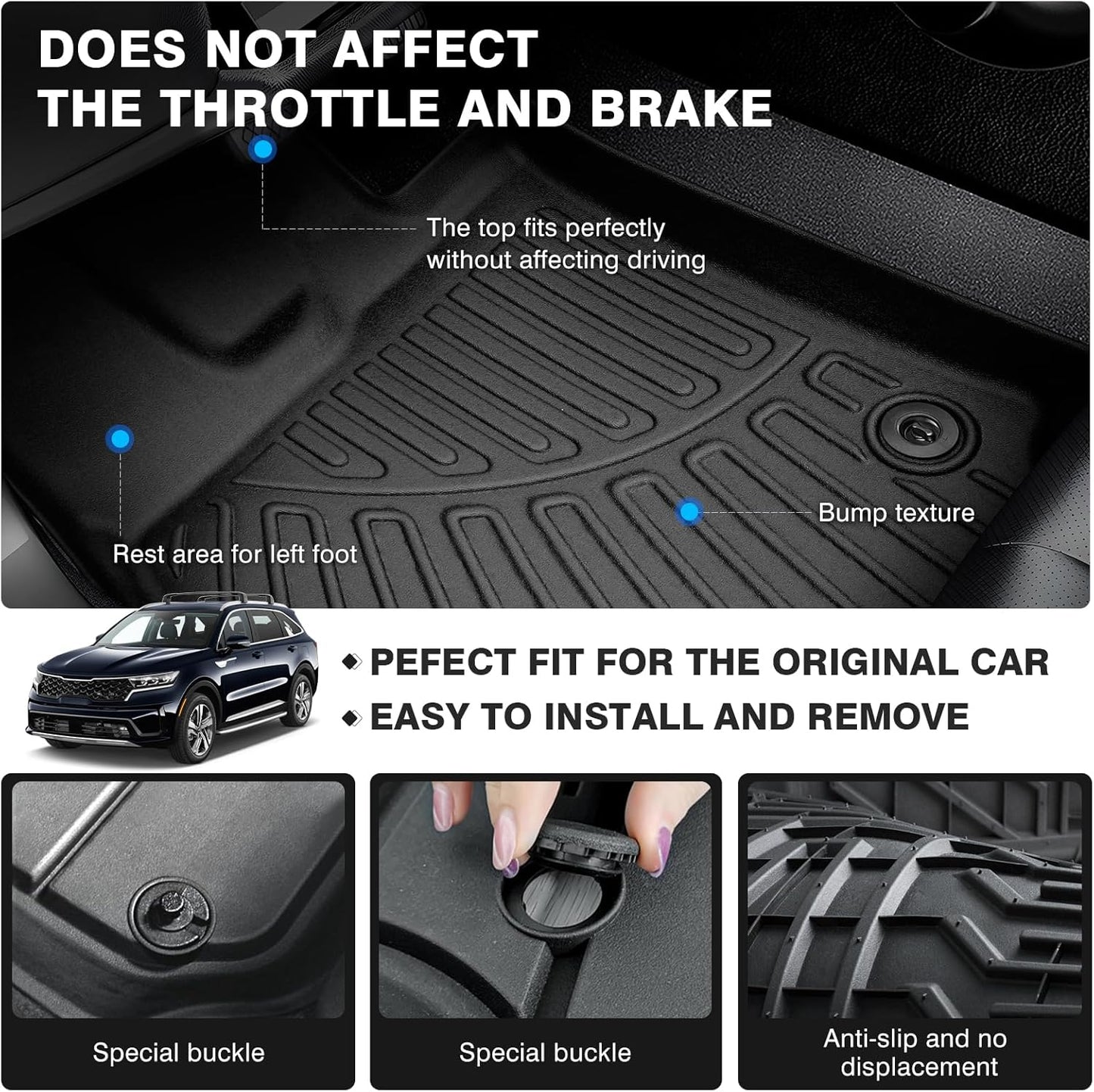 Powerty Floor Mats for 2021-2025 Kia Sorento (Non-Hybrid) Accessories All Weather Floor Liner 3D TPE 1st & 2nd Row Floor Mat Heavy-Duty Floor Liners
