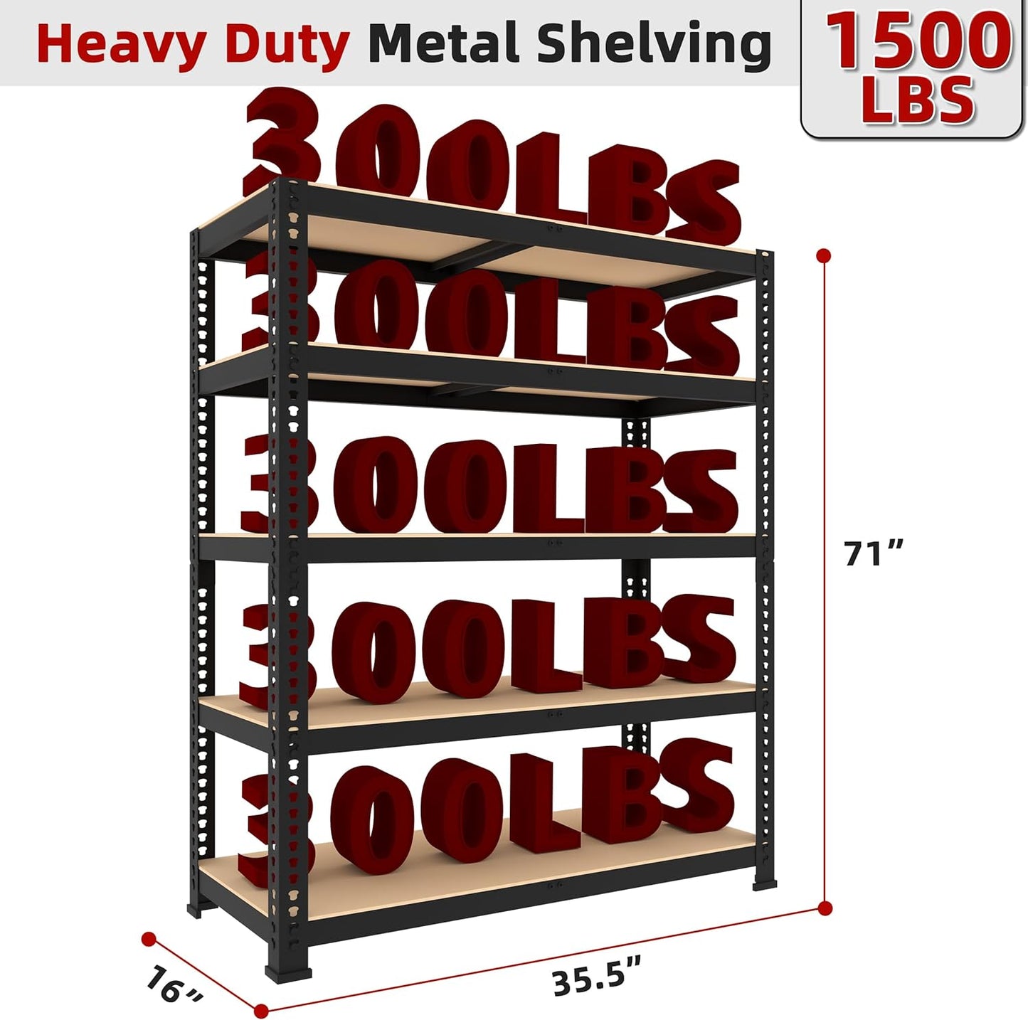 35.5" W x 16" D x 71" H Adjustable Garage Storage Shelves - 5-Shelf Heavy Duty Shelving Unit, Metal Utility Storage Organizer Racks for Warehouse Pantry Closet Kitchen, Black