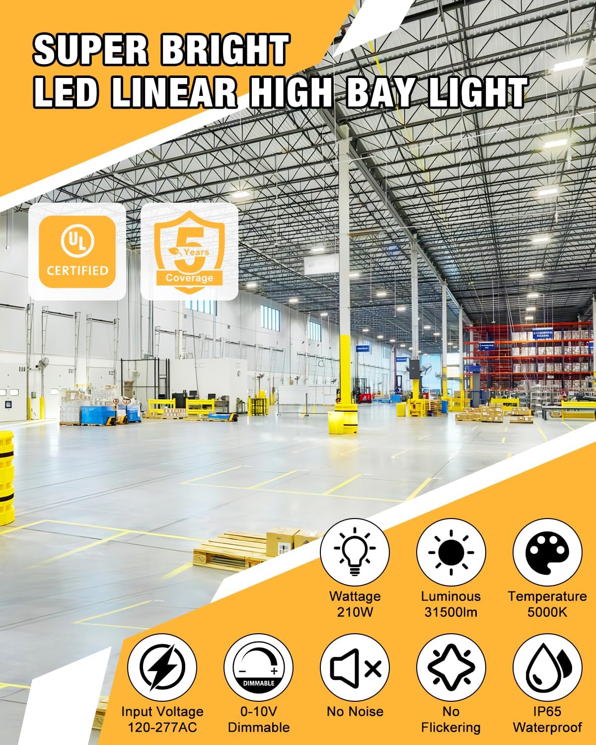 LED Linear High Bay Light, 210W High Bay Shop Lights Fixture, Compatible with Industrial 120-277V, 31500LM Linear High Bay Light for Shop Garage Warehouse, UL Complied, 4 Pack, White