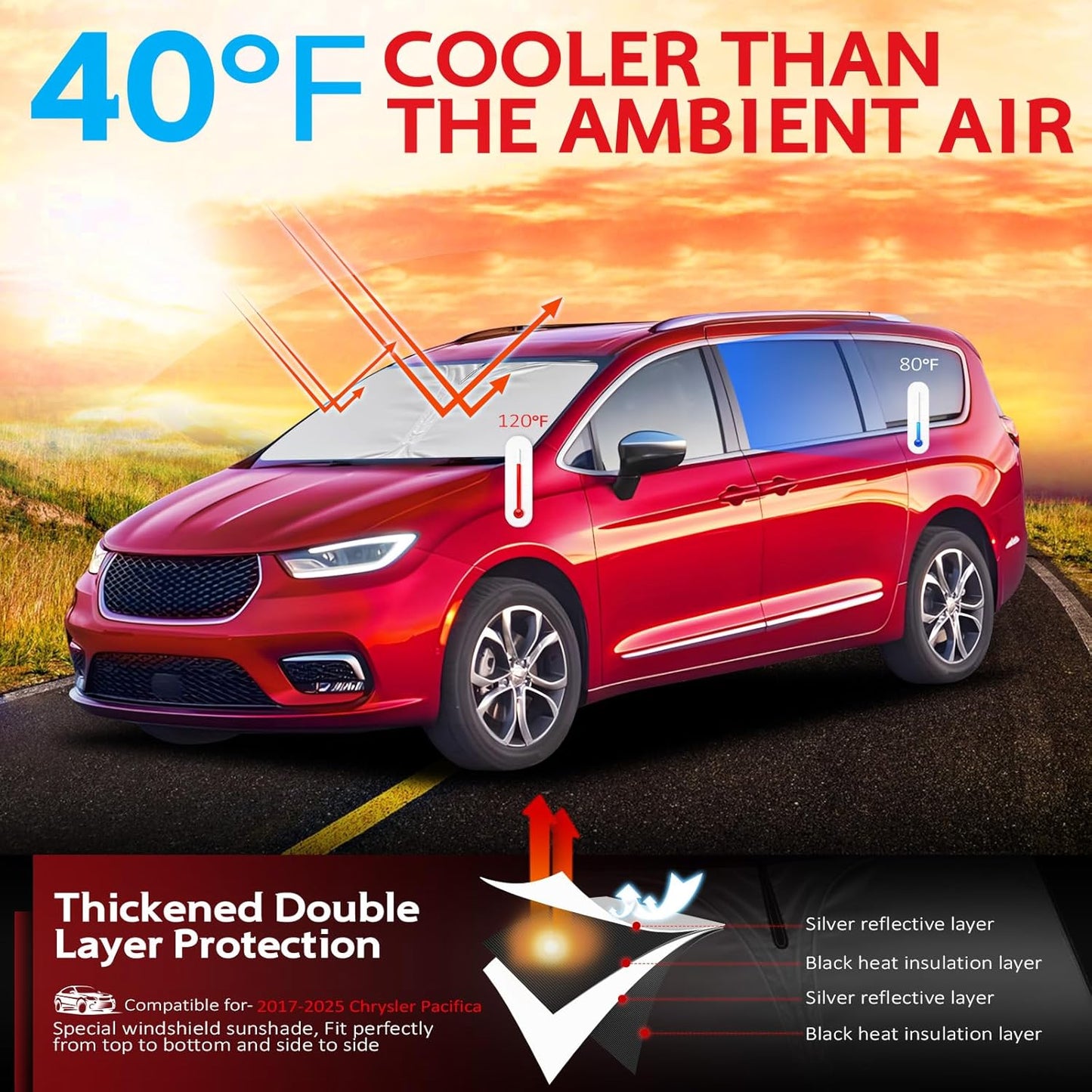 KAYZT Windshield Sun Shade for 2017-2025 2026 Chrysler Pacifica Minivan Foldable Sunshade Front Window Custom Fit Car Accessories