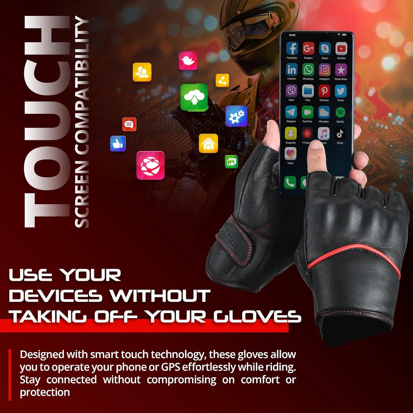 aasportx Motorcycle Gloves - Men's Leather Motorbike Gloves with Touchscreen Function - Non-Slip Pads for Men & Women