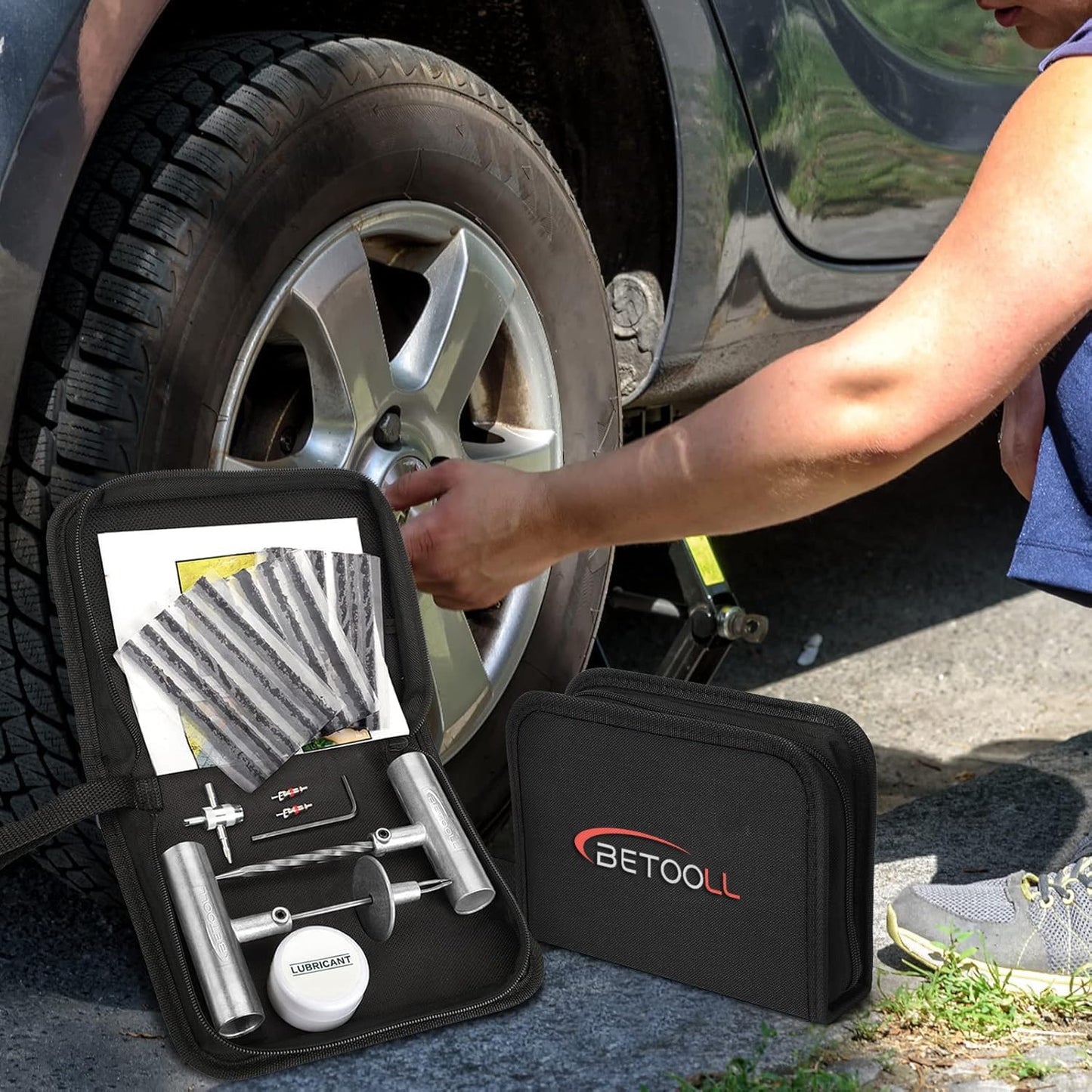 BETOOLL Tire Repair Kit, Sets of 2-24pcs Professional Heavy Duty Universal Emergency Flat Tire Repair Kit, for car Motorcycle, Truck, Golf Cart, ATV, Tractor, ARB, RV, SUV, Trailer etc.(Black)