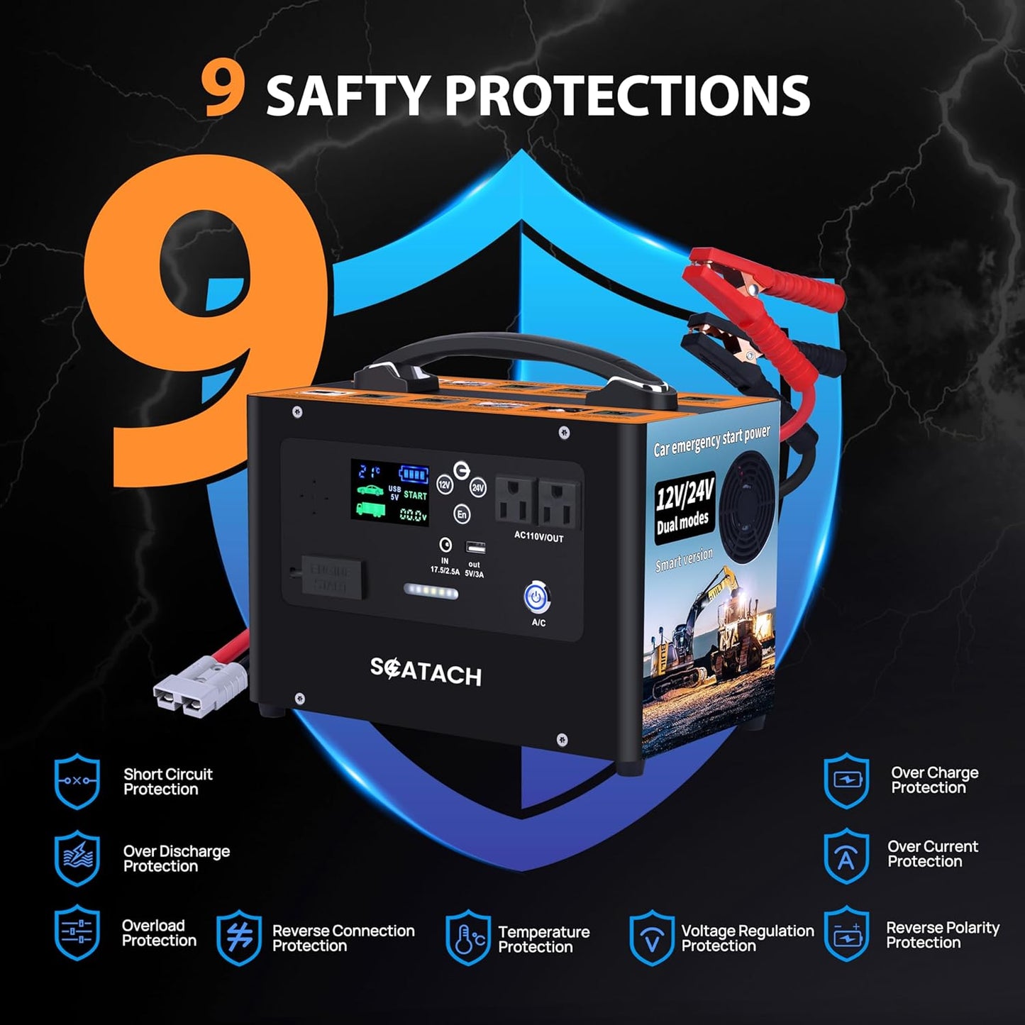 Scatach 10000A Jump Starter, 24V 400W Inverter Battery Jumper Starter Power Station for All Gas or Diesel Engines, 155Wh Heavy Duty Truck Jump Starters Portable Power Bank for Outdoors Camping Travel