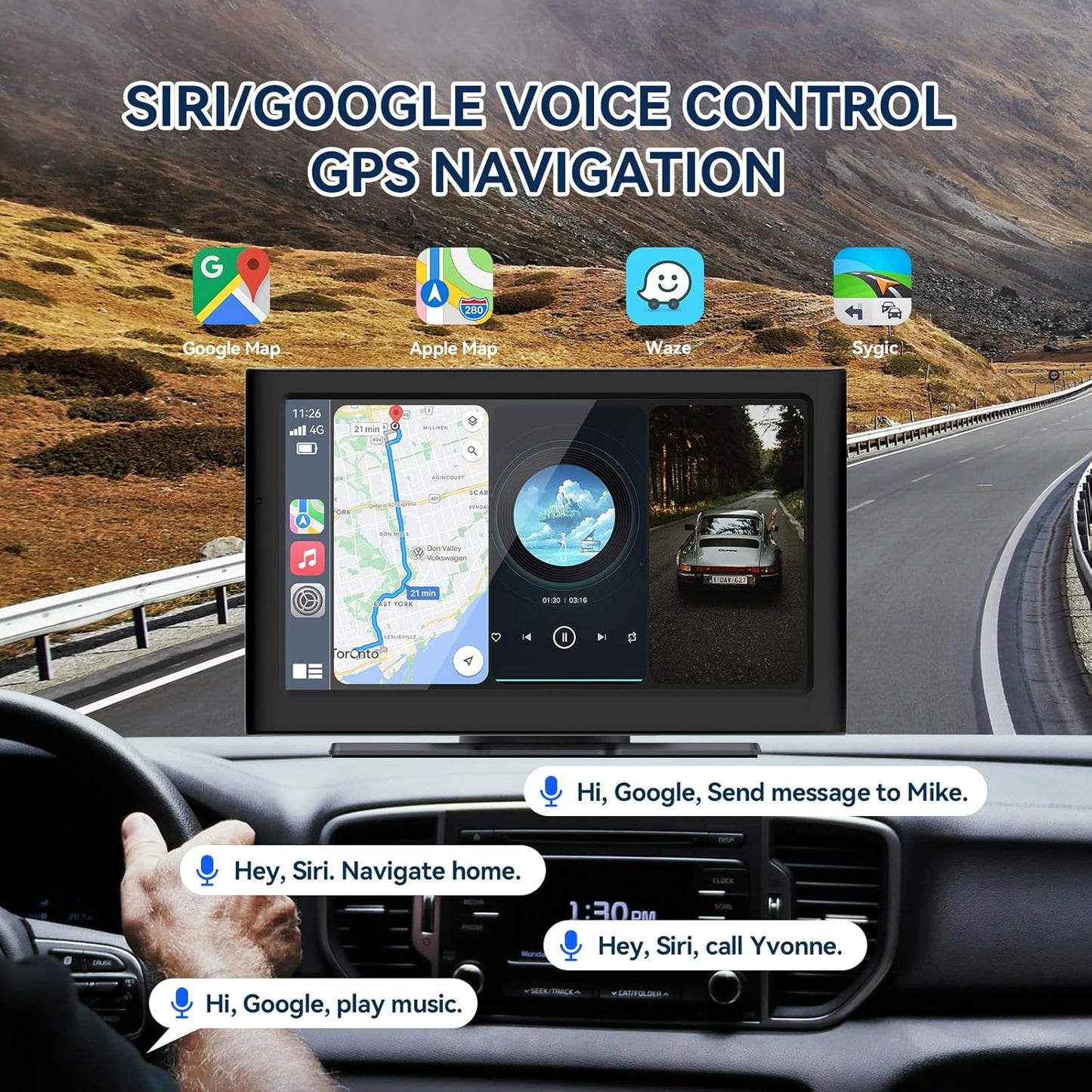 7” Wireless Carplay &Android Auto IPS Touch Screen, Portable Car Stereo with 4K Front Dash Cam + 1080p Backup Camera, Bluetooth/GPS Navigation/Mirror Link/Voice Control/Loop Recording with 64GB TFCard