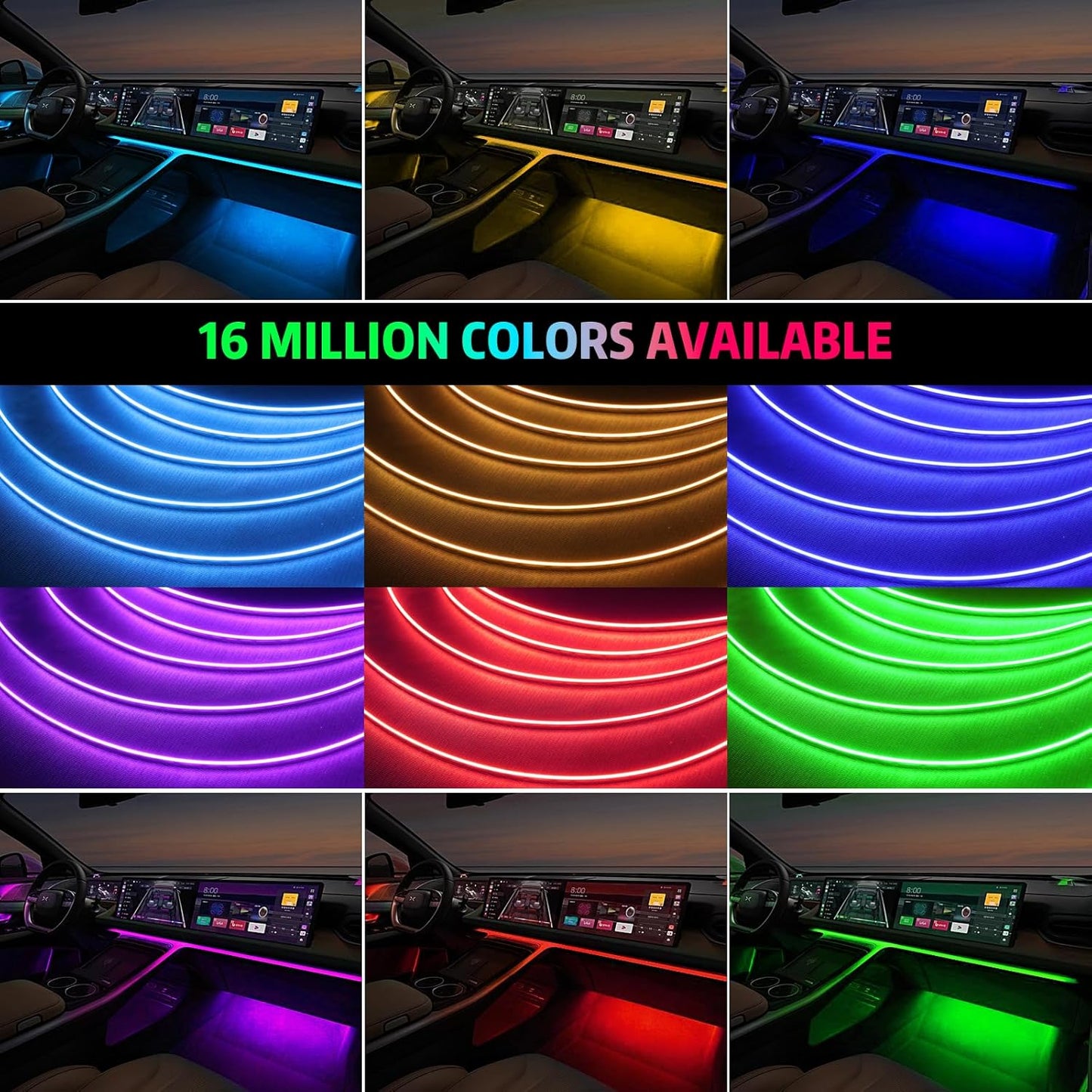 Acrylic Interior Car Lights, AMKI Car LED Strip Light with APP Sub Control, Car Accessories Fiber Optic Car Ambient Lighting Kit with RGB 22 in 1 and 175 inches 593 LEDs 213 DIY and Music Modes DV 12V