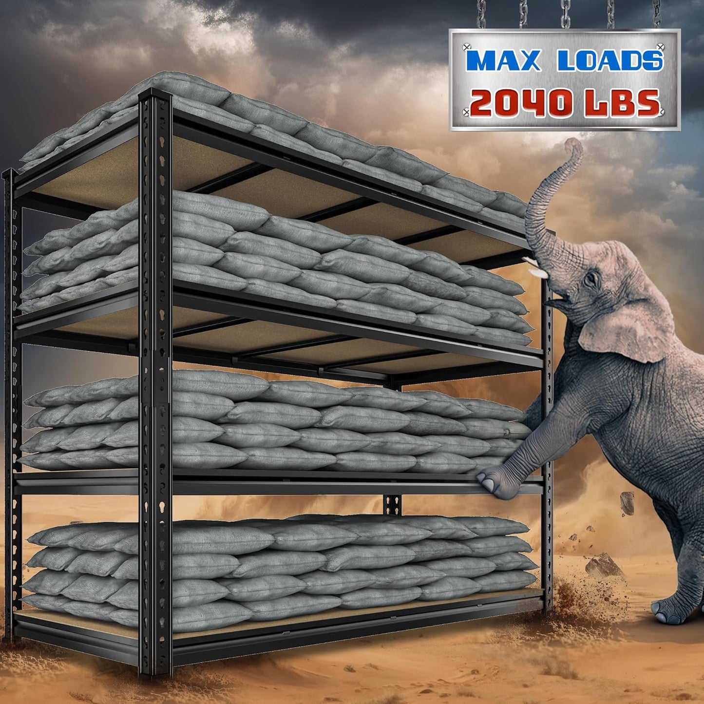 55" W Storage Shelves, 2040LBS Garage Shelving Heavy Duty, 4-Tier Heavy Duty Shelving, Adjustable Metal Shelving Unit for Garage, Warehouse, Pantry, Kitchen, 55" W × 24" D × 60" H, Black