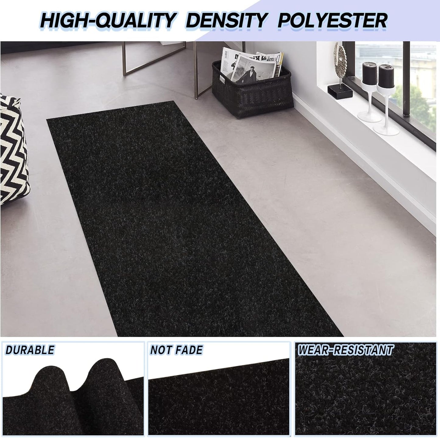 Custom Size Backed Non-Slip Area Rugs Runner, Easy Clean, Waterproof Runner Rugs for Hallway Entryway, Kitchen, Laundry, 2FT x 9FT, Black