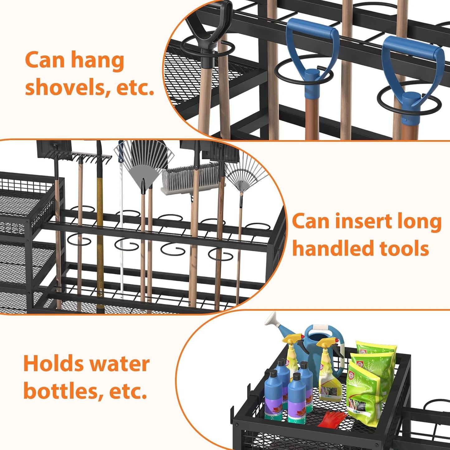 Garden Tool Organizer with Wheels-Movable Garden Tool Rack with Storage Hooks for Long-Handled Tools/Rakes/Brooms/Shovels,Heavy Duty Metal Garden Tool Storage for Garage,Shed,Garden,Black