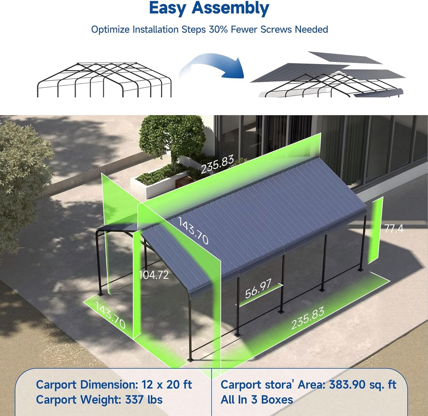 STHOUYN Car Ports 12x20 Heavy Duty Metal Carport Kit, UPF50+ UV Protection Galvanized Steel Car Port for RV/Vehicle Outdoor, 130mph Windproof & 50PSF Snow Load Shelter, Easy Assembly