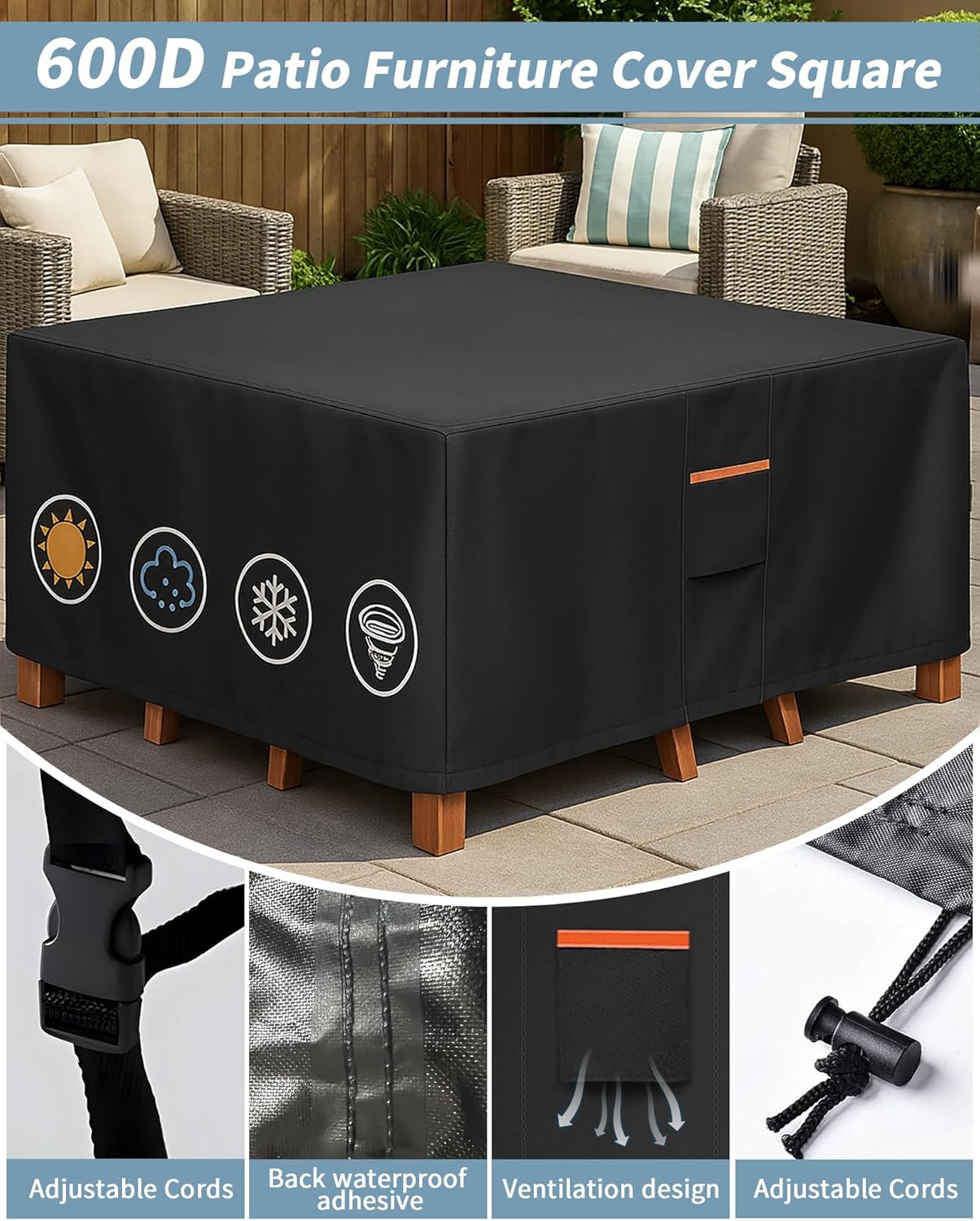 Outdoor Waterproof Furniture Cover, 74W x 74L x 28H inches Heavy Duty 600D Square Table and Chair Set Protection, Black