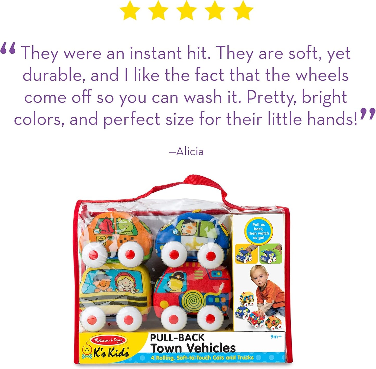 Melissa & Doug K's Kids Pull-Back Vehicle Set - Soft Baby Toy Set with 4 Cars and Trucks, Soft Vehicles Toys for Babies and Toddlers