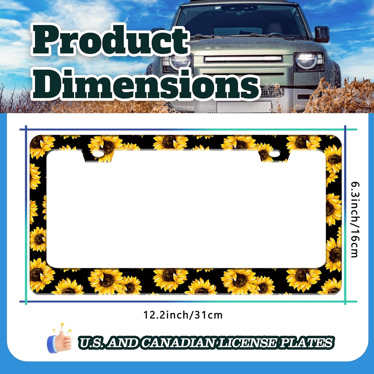Sunflowers License Plate Frame Yellow Flowers Stainless Steel License Plate Holder for Front or Rear Car Tags Funny for Car Decoration Accessories with Screws 6.3 X 12.2 in for Women Men