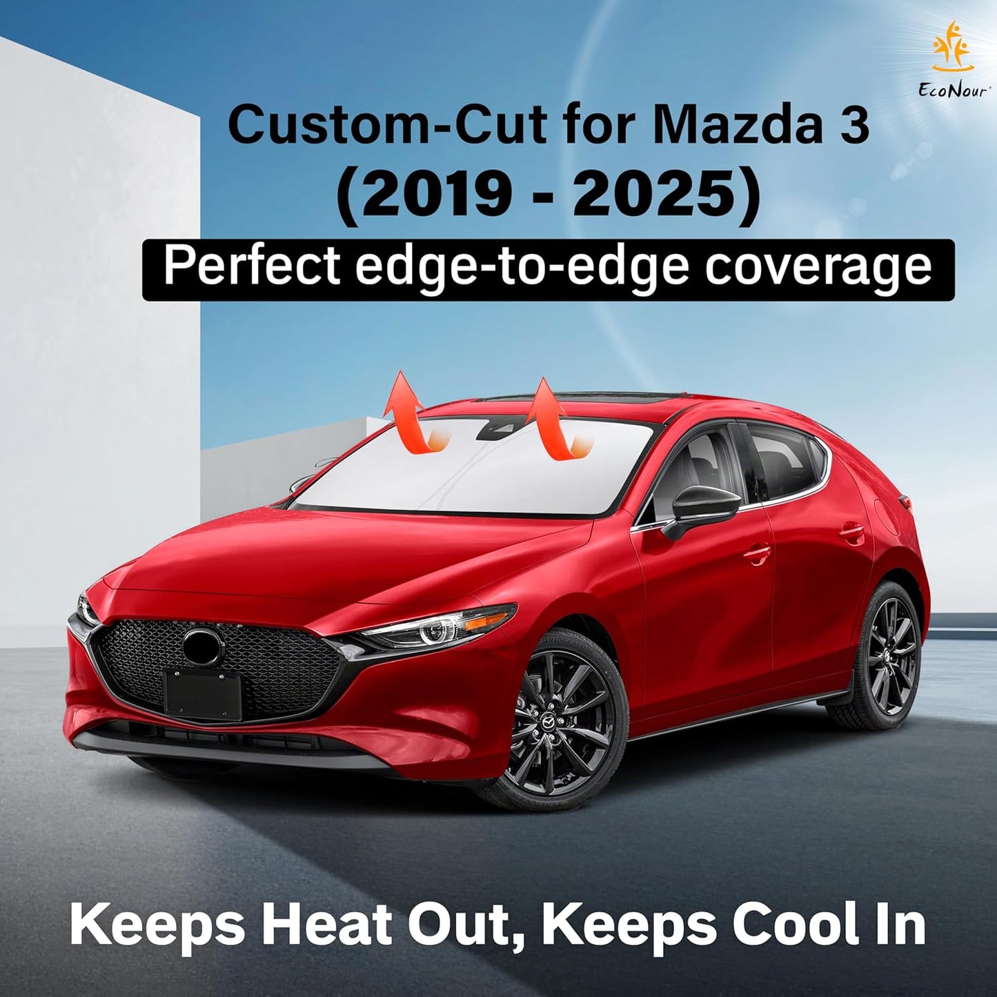 Econour Windshield Sun Shade for Mazda 3 2019-2025 Mazda3 Accessories Hatchback/Sedan Custom Fit Sunshade Foldable Sun Visor Protector Blocks UV Rays Keep Your Car Cooler