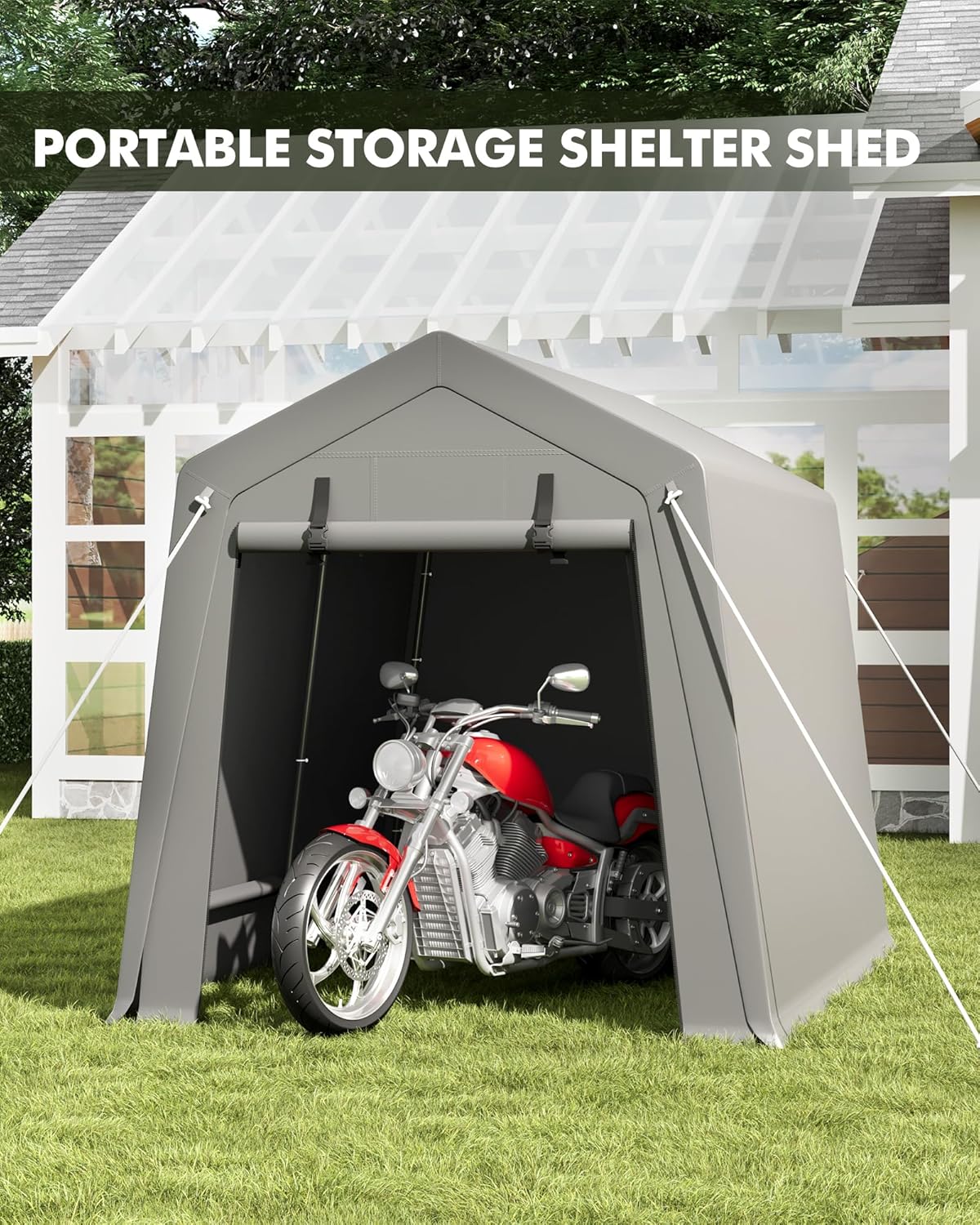 7 x 10 ft Carport Storage Shed, Portable Garage with Roll-up Zipper Door, Heavy Duty Waterproof Tarp, Storage for Motorcycle, Bike, Firewood, Garden Tools