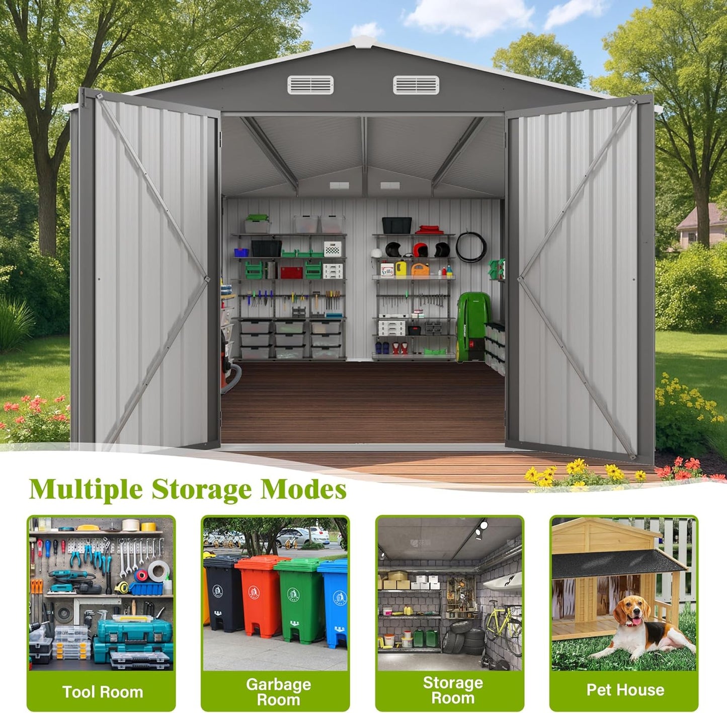 10 x 14 FT Outdoor Storage Shed, Metal Garden Tool Shed with Slooping Roof, Lockable Doors, All-Weather Bike Shed Easy to Assemble for Backyard, Patio, Lawn, White+Black