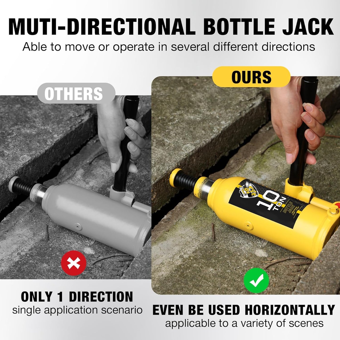 YELLOW JACKET 10 Ton Muti-Directional Welded Bottle Jack (20,000lb), Horizontal Bottle Jacks Use for Car, Pickup, Truck, RV, Auto Repair, Hydraulic Bottle Jack, Yellow